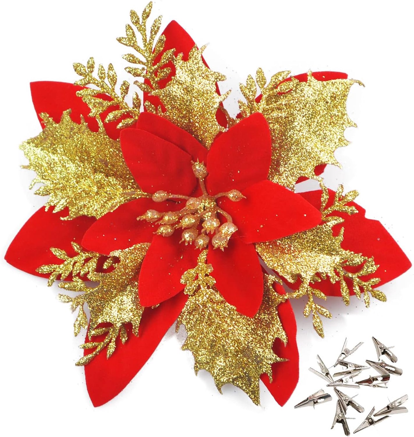 12 stuks glitter kerstbloemen (15 cm/5,9 inch) met 12 stuks clips kunstmatige kerststerren bloemen kerstboom decoraties kerstboom ornamenten (rood)
