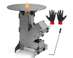 Raketoven van 3 mm koolstofstaal, outdoor rocket stove met grillplaat (Ø 50 cm), compatibel met Dutch Oven en gietijzeren pannen, voor camping, tuin en terras