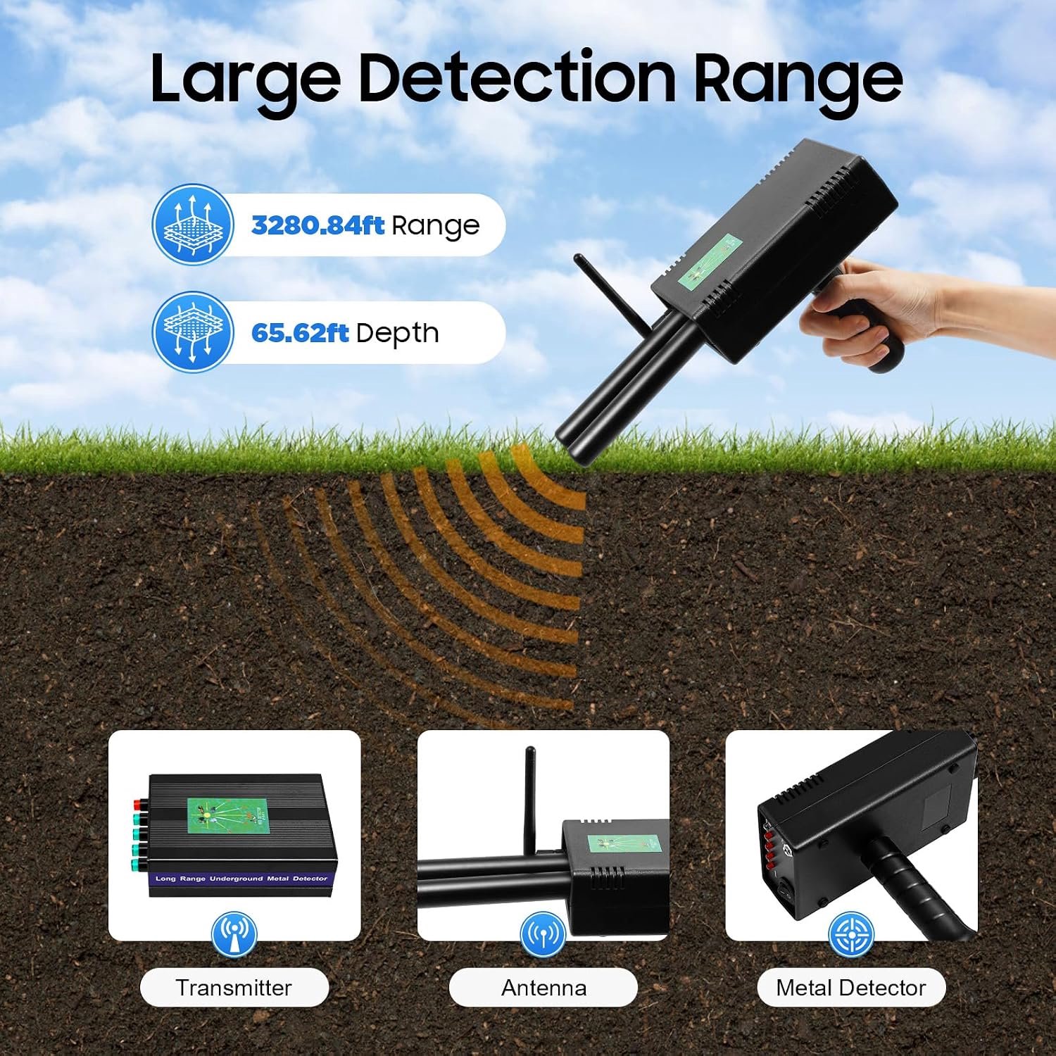 Metaaldetector professional, metaaldetector met 1600mAh batterij, handheld detective goud/zilver/koper/diameter metaaldetector zoekapparaat, maximale detectiediepte: 20 meter, zoekbereik: 1000 meter