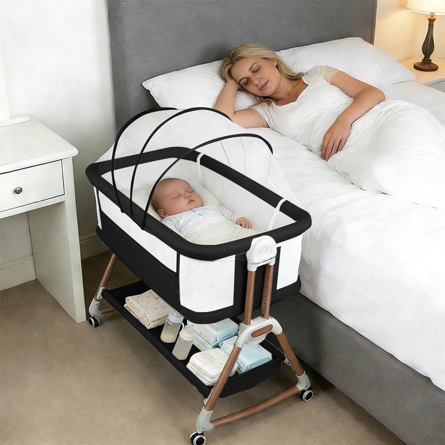 Babybedden met klamboe, bijzetbed met wielen, reisbed voor baby's, babyspeelbed, in hoogte verstelbaar, draagbaar kinderreisbed (zwart-YR38)