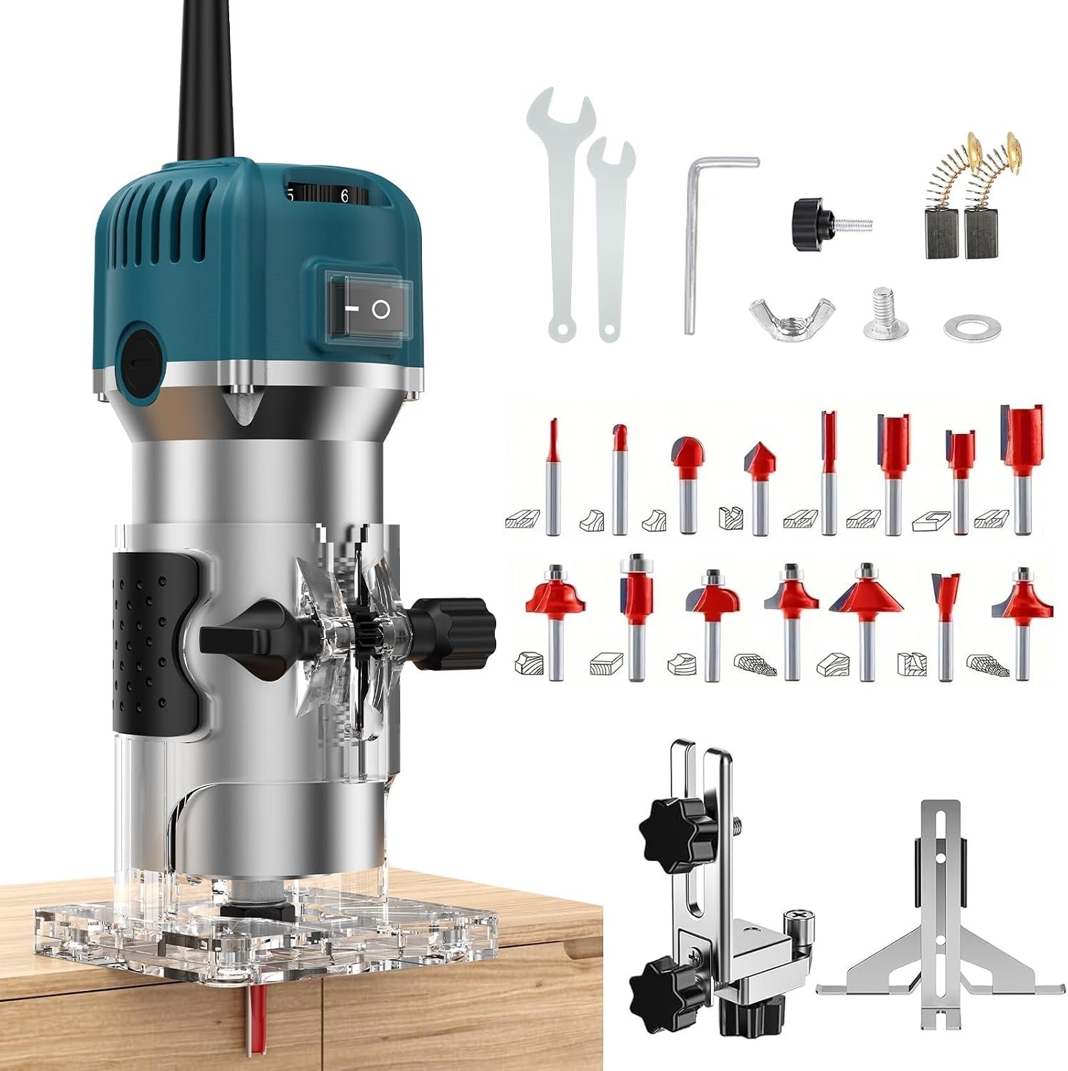Trimmer, 800 W, houtfrees, kantfrees met 15 frezen, 6,35 mm, 6 variabel, 30.000 omw/min, elektrische eenhandfrees voor afschuinen, groeven, trimmen, snijden, boren, snijden