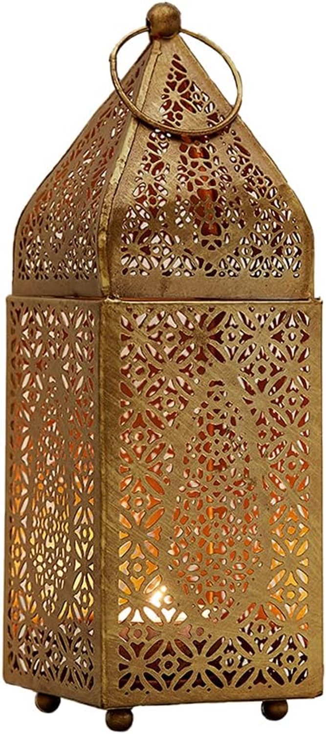 Spaces Living Kleine Marokkaanse gouden sierlijke kaarslantaarn, antieke gouden lantaarn, decoratieve kaarslantaarnhouders voor Indisch geïnspireerde bruiloft, Eid, Ramadan, evenementen, 2,75