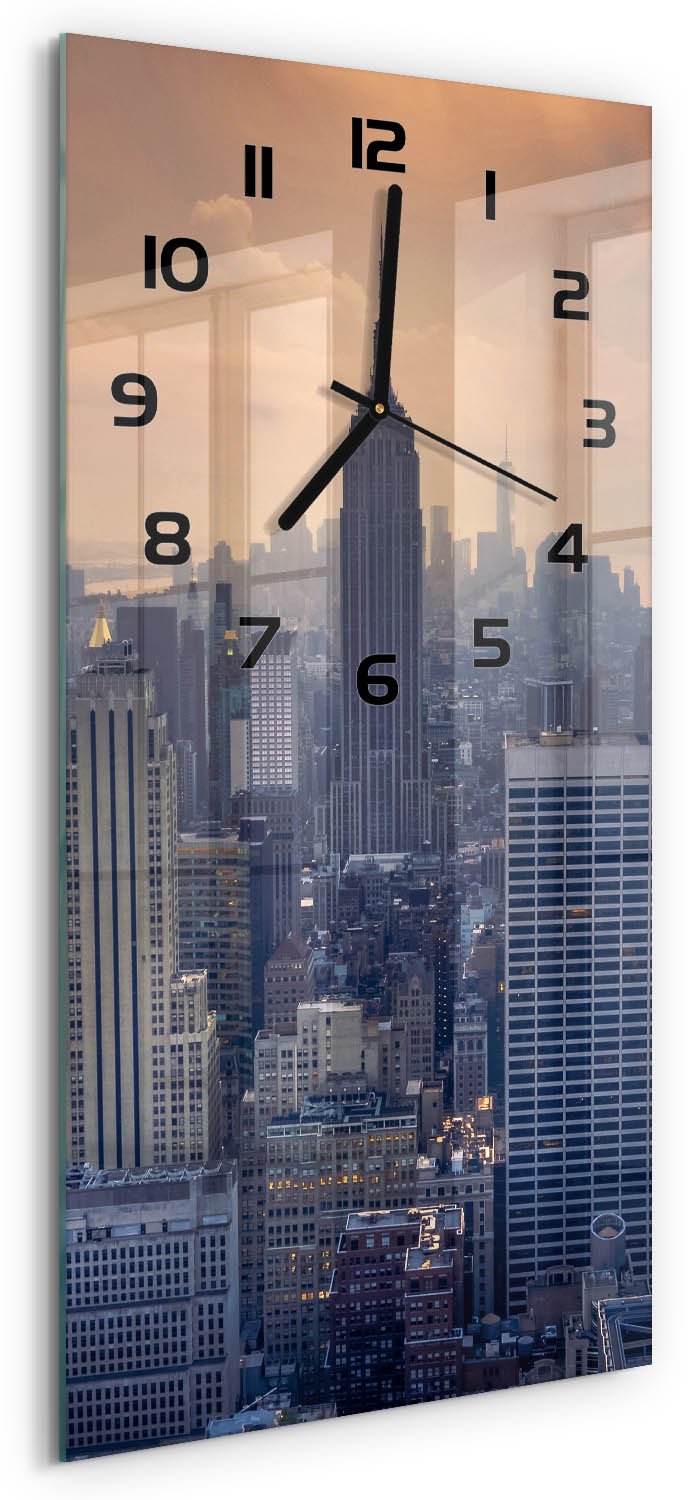 Tulup Wandklok - Manhattan, New York Klok Glas Met Opdruk - 30x60 cm - Grijs Moderne Wandklok Glas - Zwarte handen - Rechthoekige Klok - Decoratieve Glazen Klok - Glazen Wandklok Design