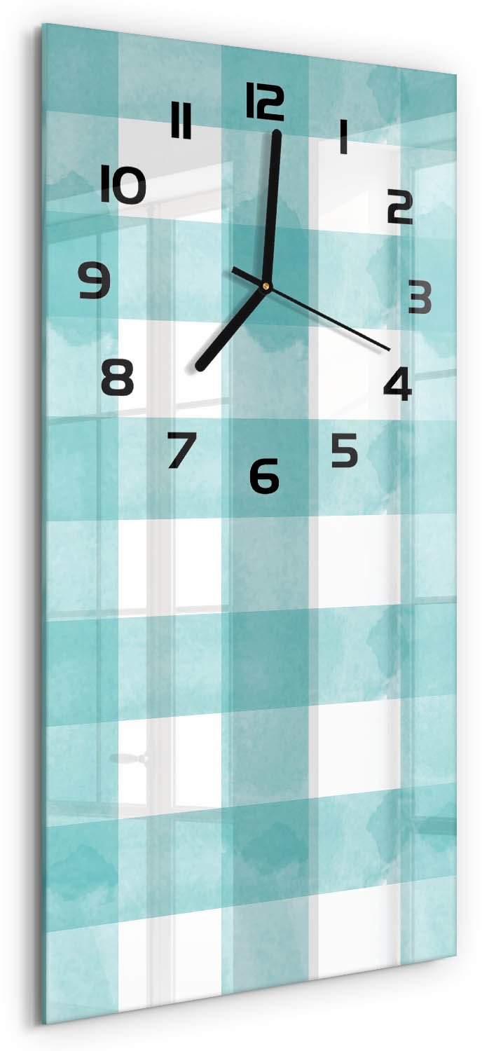 Tulup Wandklok - Blauw raster Decoratieve Glazen Klok - 30x60 cm - Blauw Glazen Wandklok Design - Zwarte handen - Rechthoekige Klok - Glazen Klok Met Print - Wandklok Glas Met Motief
