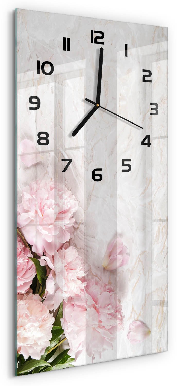 Tulup Wandklok - Pioenrozen Glazen Klok Met Print - 30x60 cm - Roze Wandklok Glas Met Motief - Zwarte handen - Rechthoekige Klok - Wandklok Glas Decoratie - Gekleurde Glazen Klok