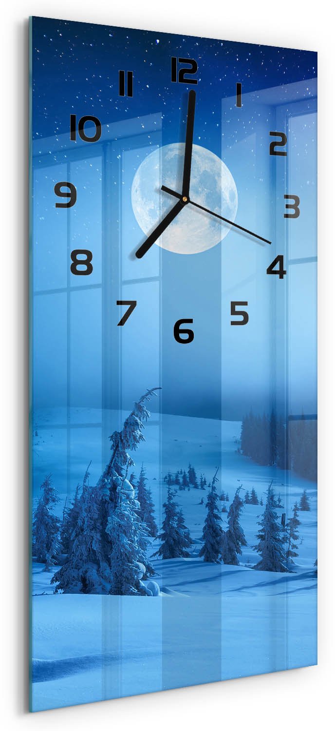 Tulup Wandklok - Volle maan Glazen Klok Met Print - 30x60 cm - Blauw Wandklok Glas Met Motief - Zwarte handen - Rechthoekige Klok - Wandklok Glas Decoratie - Gekleurde Glazen Klok