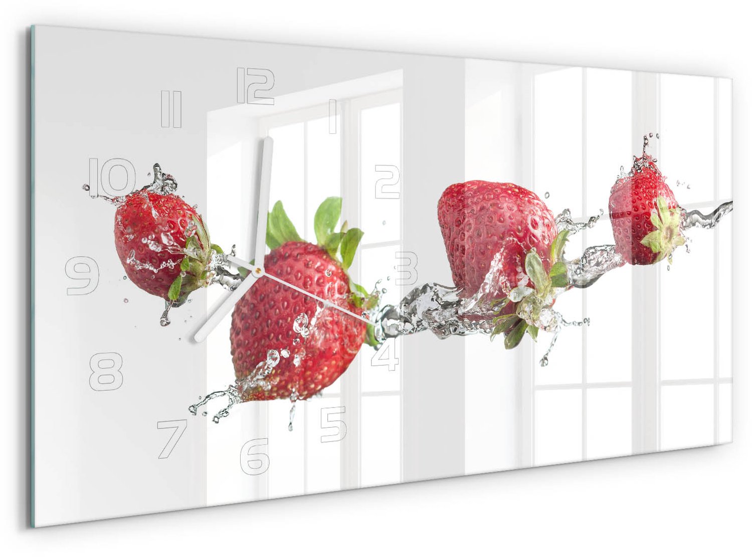 TULUP Wandklok - Aardbeien en water Klok Glas Met Opdruk - 60x30 cm - Rood Moderne Wandklok Glas - Witte handen - Rechthoekige Klok - Decoratieve Glazen Klok - Glazen Wandklok Design