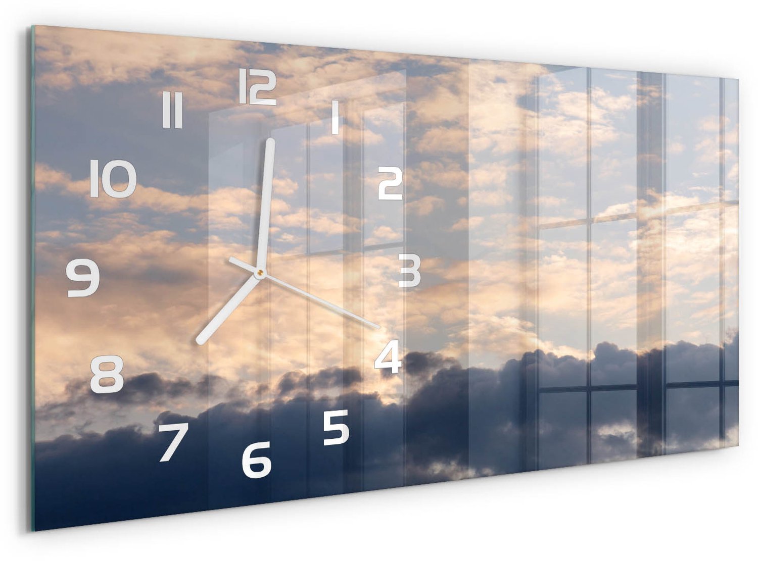 TULUP Wandklok - Wolken aan de hemel Wandklok Glas Decoratie - 60x30 cm - Blauw Gekleurde Glazen Klok - Witte handen - Rechthoekige Klok - Klok Glas Met Opdruk - Moderne Wandklok Glas