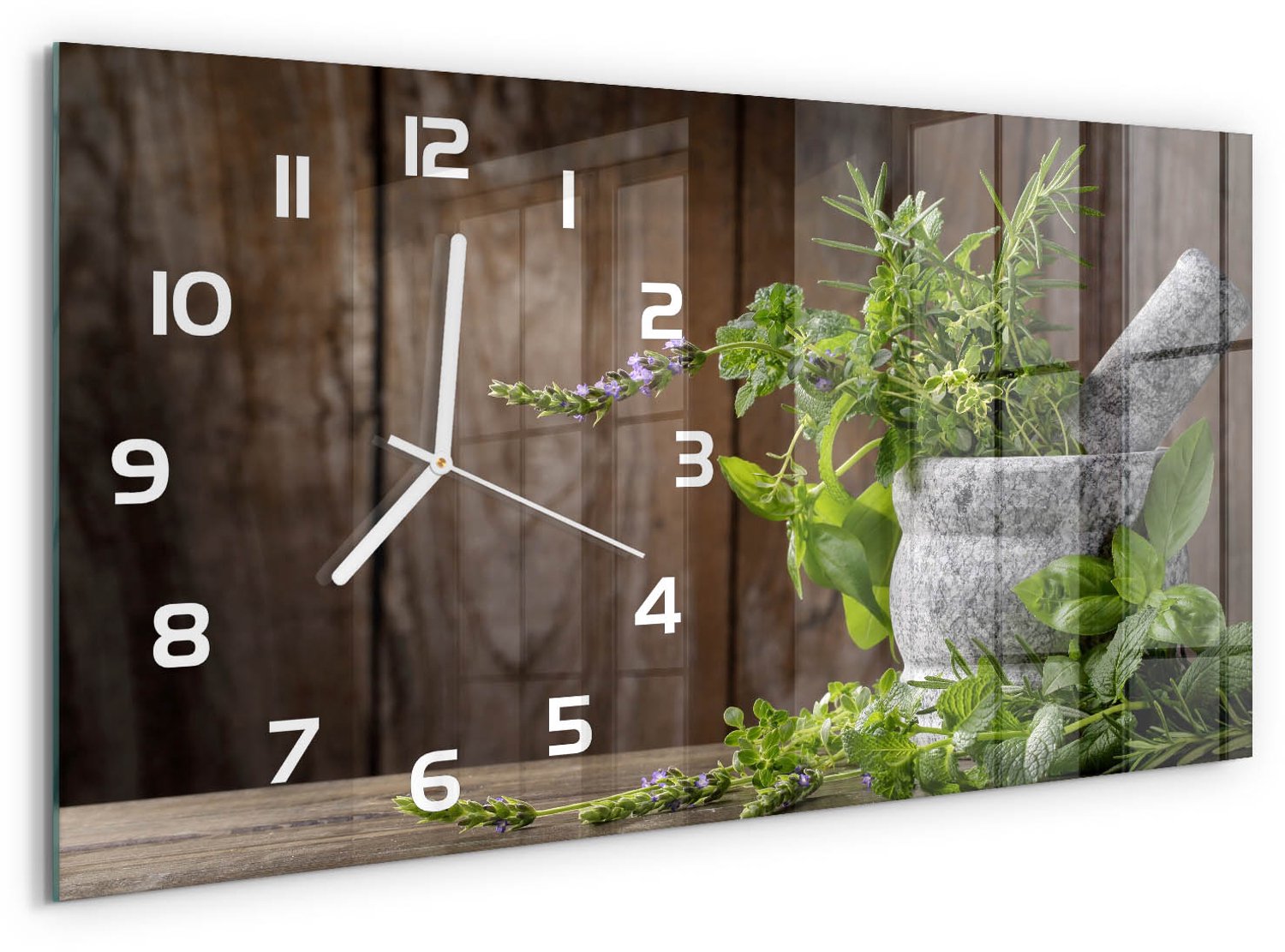 TULUP Wandklok - Kruiden in een vijzel Wandklok Glas Decoratie - 60x30 cm - Groente Gekleurde Glazen Klok - Witte handen - Rechthoekige Klok - Klok Glas Met Opdruk - Moderne Wandklok Glas
