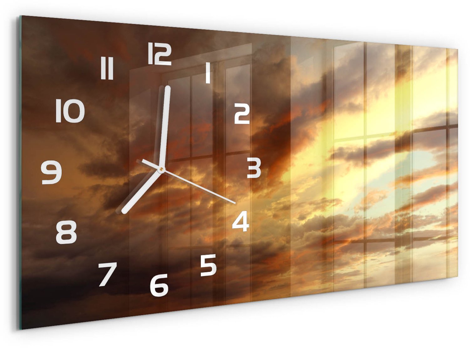 TULUP Wandklok - Zonsopgang Glazen Klok Met Print - 60x30 cm - Geel Wandklok Glas Met Motief - Witte handen - Rechthoekige Klok - Wandklok Glas Decoratie - Gekleurde Glazen Klok