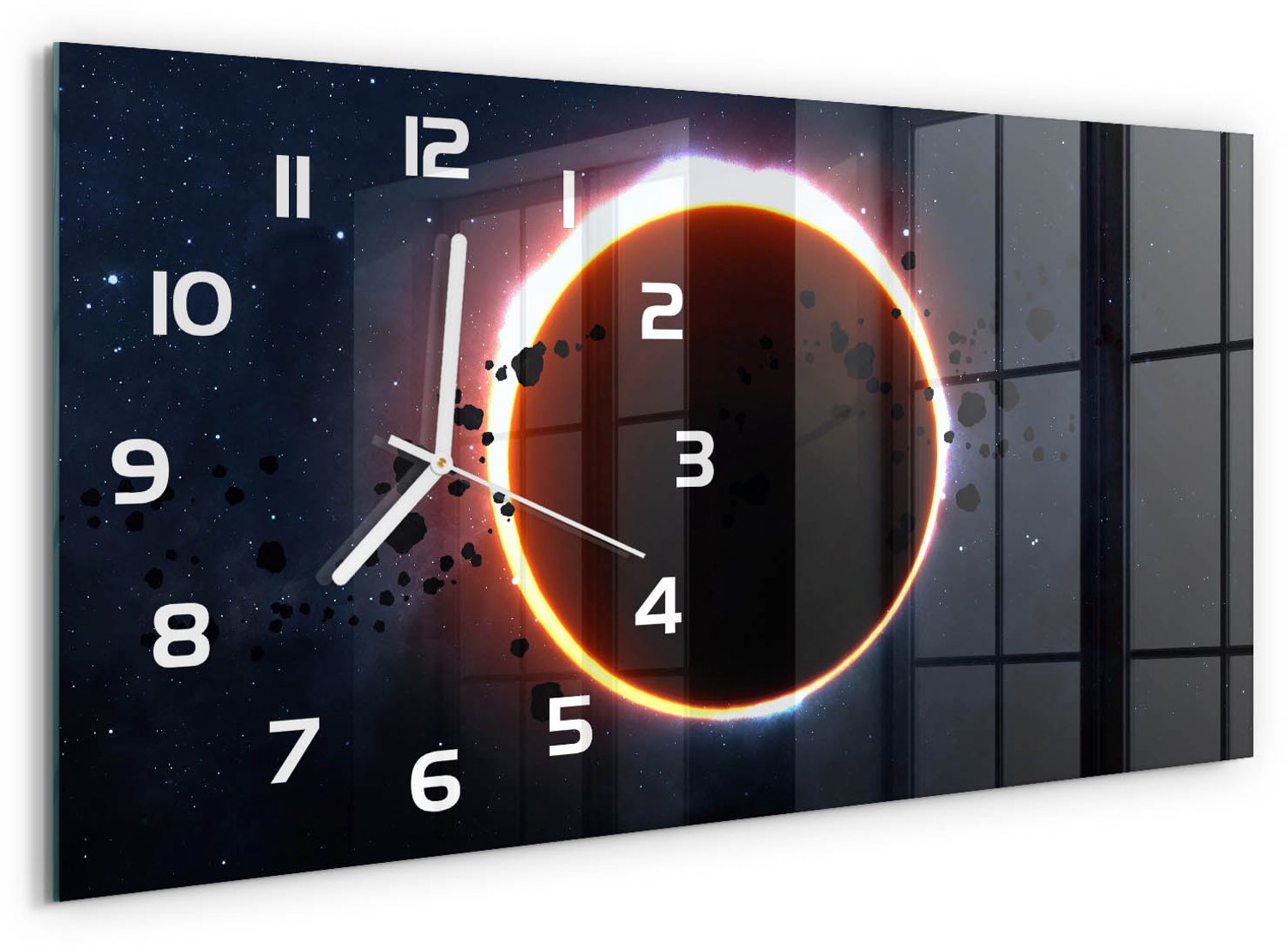 TULUP Wandklok - zonsverduistering Glazen Klok Met Print - 60x30 cm - Oranje Wandklok Glas Met Motief - Witte handen - Rechthoekige Klok - Wandklok Glas Decoratie - Gekleurde Glazen Klok