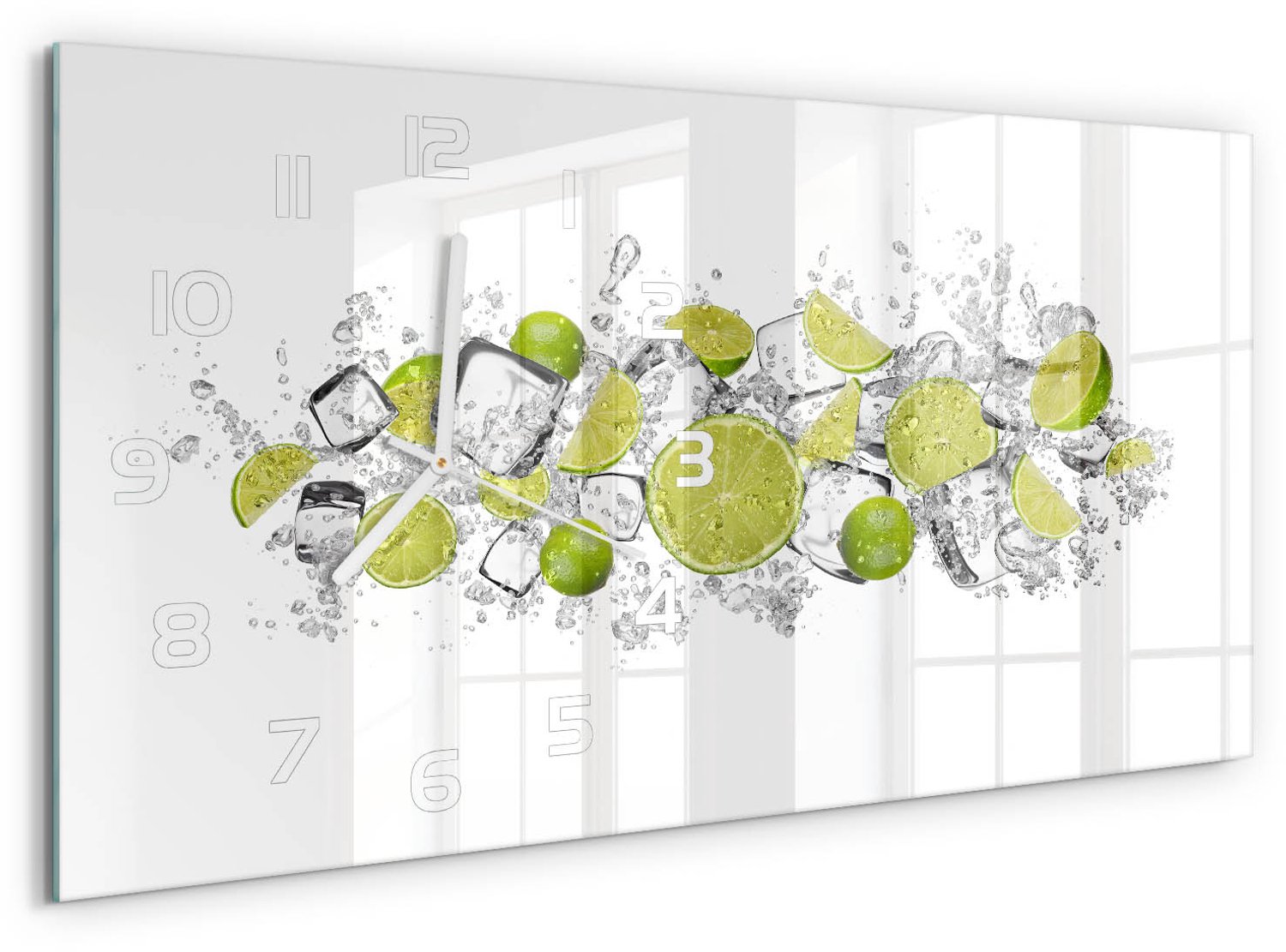 TULUP Wandklok - Limoenijsblokjes Klok Glas Met Opdruk - 60x30 cm - Groente Moderne Wandklok Glas - Witte handen - Rechthoekige Klok - Decoratieve Glazen Klok - Glazen Wandklok Design