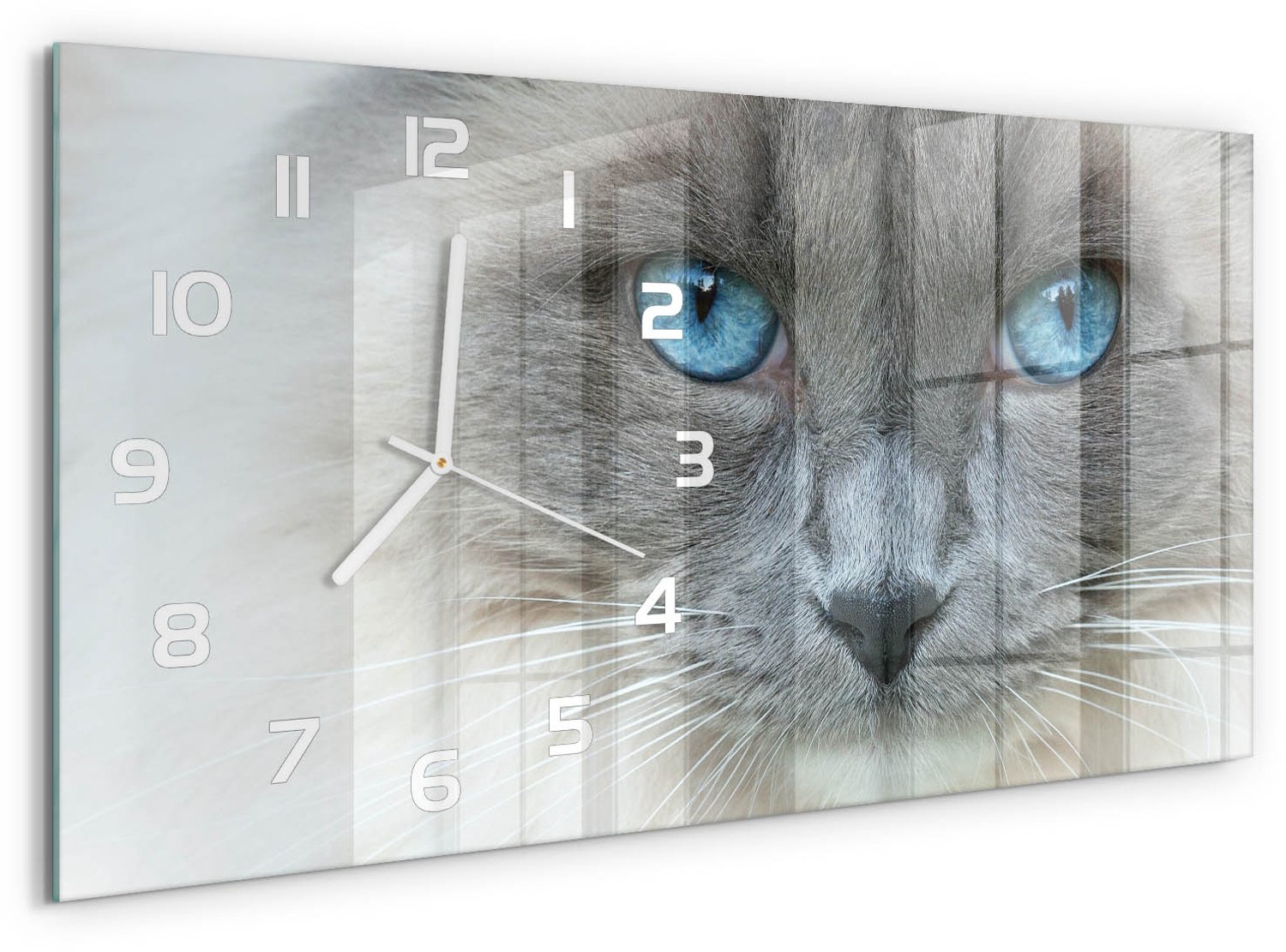 TULUP Wandklok - De kat met blauwe ogen Wandklok Glas Decoratie - 60x30 cm - Blauw Gekleurde Glazen Klok - Witte handen - Rechthoekige Klok - Klok Glas Met Opdruk - Moderne Wandklok Glas