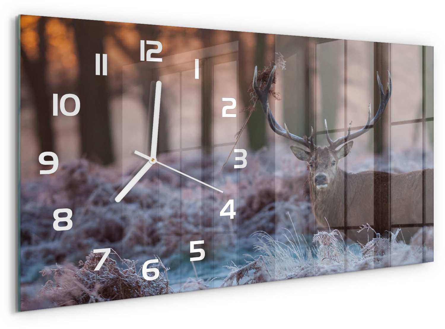 TULUP Wandklok - Hert bij zonsopgang Wandklok Glas Decoratie - 60x30 cm - Bruin Gekleurde Glazen Klok - Witte handen - Rechthoekige Klok - Klok Glas Met Opdruk - Moderne Wandklok Glas