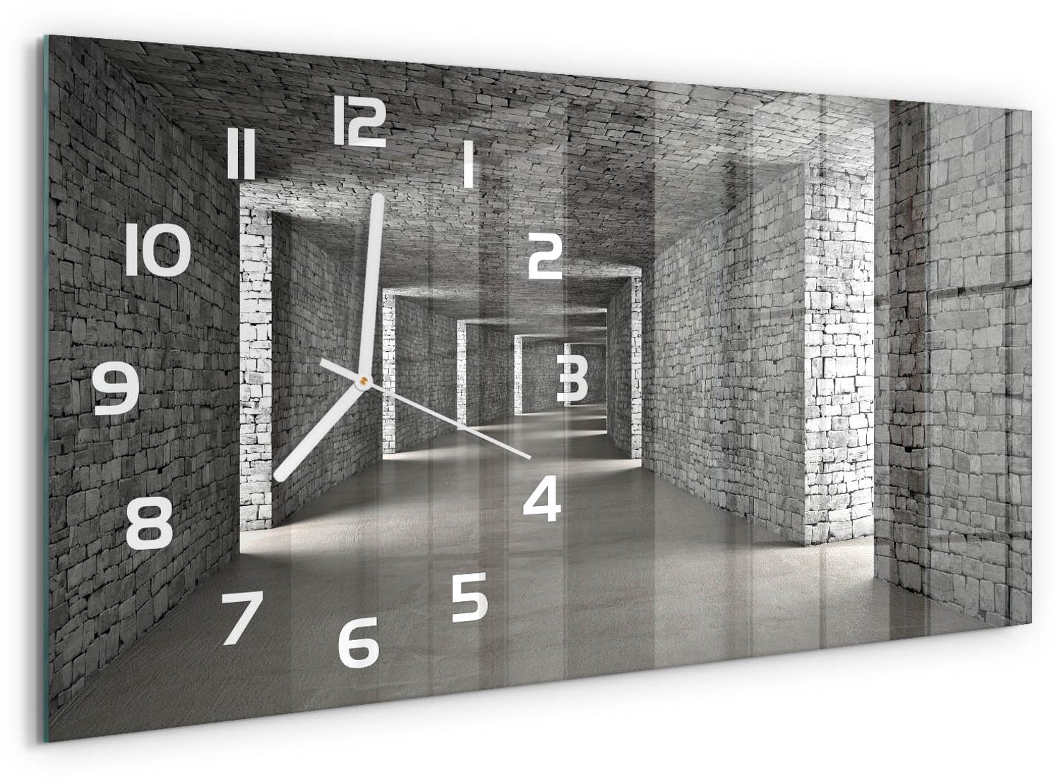 TULUP Wandklok - Bakstenen tunnel Moderne Wandklok Glas - 60x30 cm - Grijs Wandklok Glas Decoratie - Witte handen - Rechthoekige Klok - Glazen Wandklok Design - Klok Glas Met Opdruk