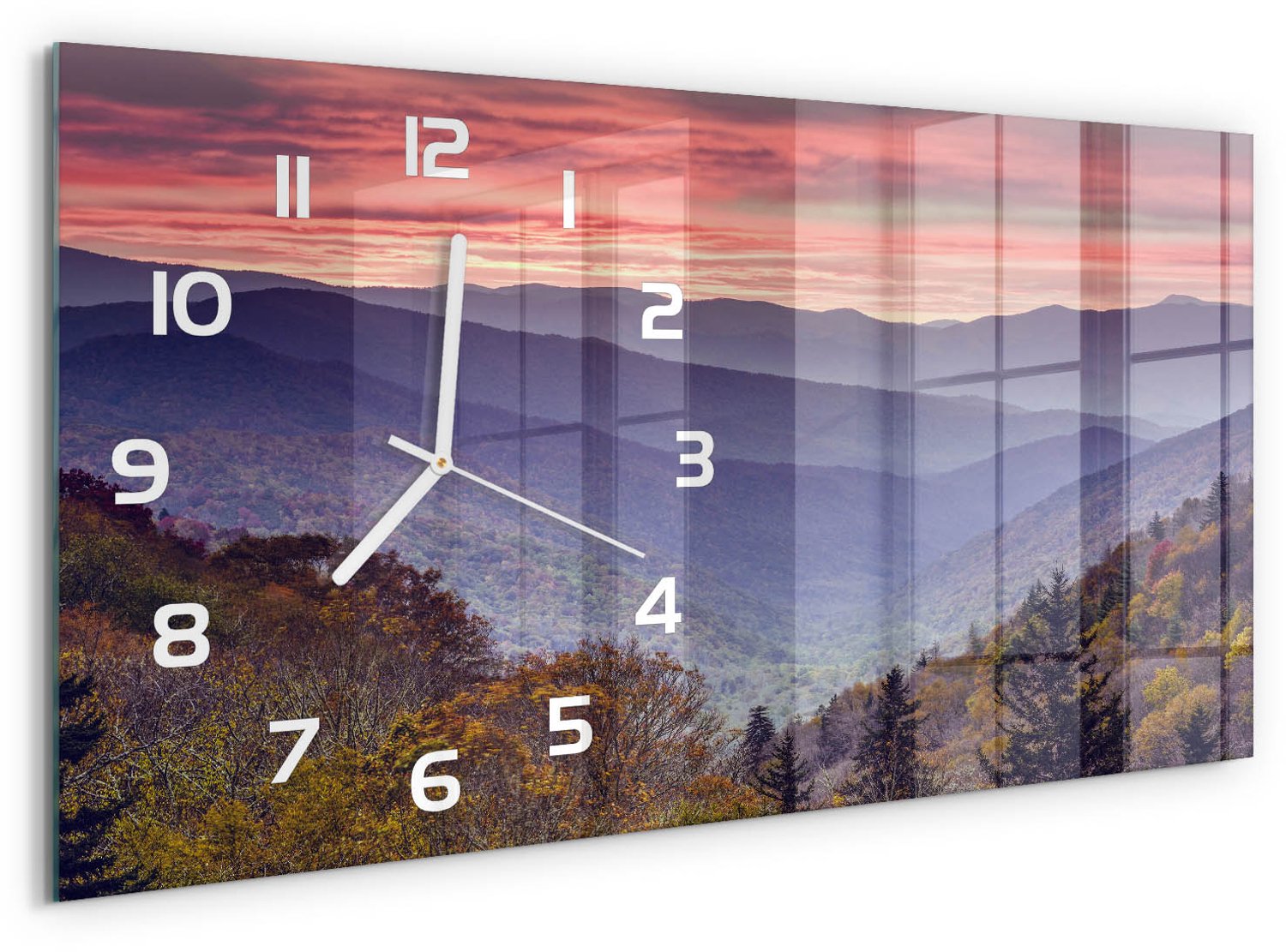 TULUP Wandklok - Bergen bij zonsondergang Klok Glas Met Opdruk - 60x30 cm - Oranje Moderne Wandklok Glas - Witte handen - Rechthoekige Klok - Decoratieve Glazen Klok - Glazen Wandklok Design
