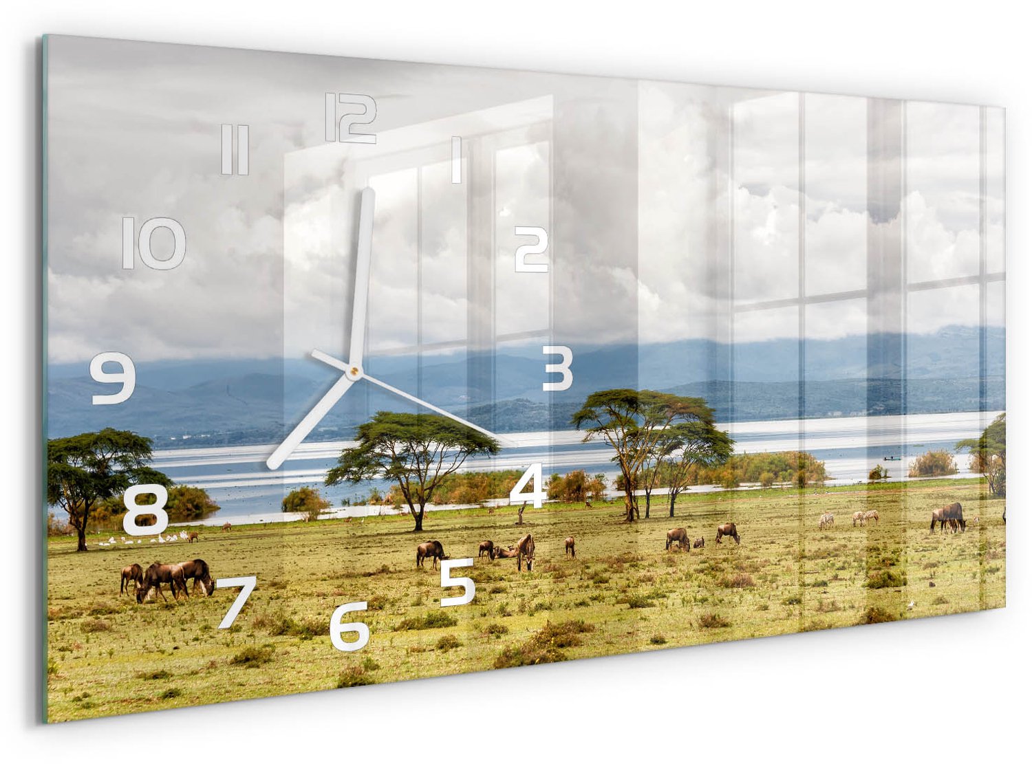 TULUP Wandklok - Naivasha-meer Gekleurde Glazen Klok - 60x30 cm - Groente Glazen Klok Met Print - Witte handen - Rechthoekige Klok - Moderne Wandklok Glas - Wandklok Glas Decoratie