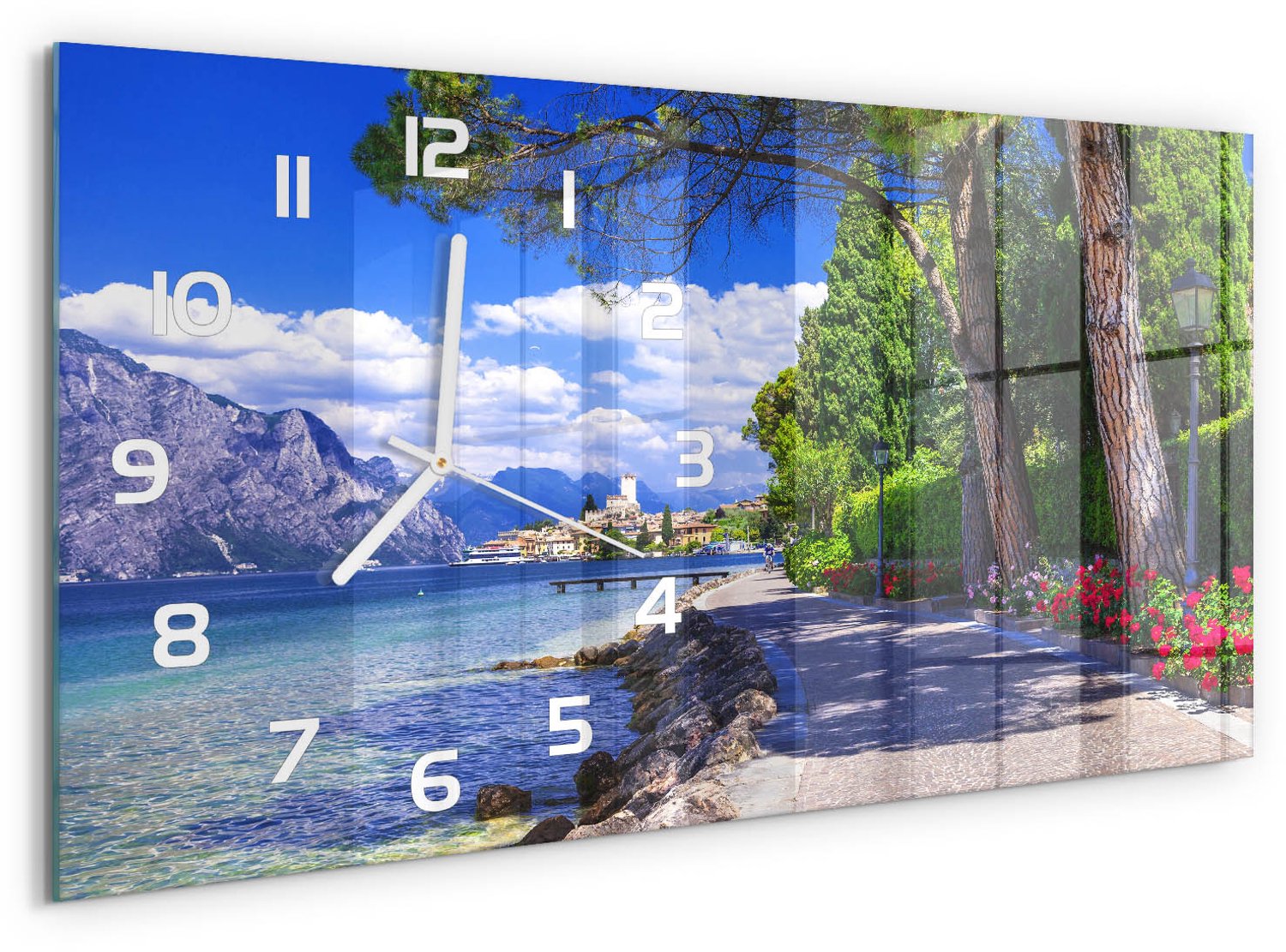 TULUP Wandklok - Noord-Italië Glazen Klok Met Print - 60x30 cm - Veelkleurig Wandklok Glas Met Motief - Witte handen - Rechthoekige Klok - Wandklok Glas Decoratie - Gekleurde Glazen Klok