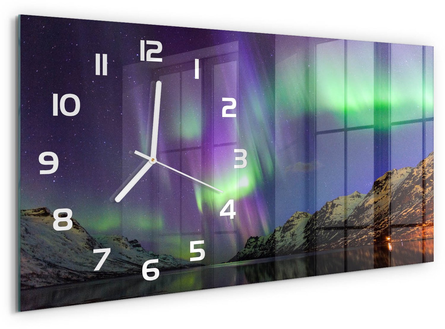 TULUP Wandklok - Noorderlicht Wandklok Glas Decoratie - 60x30 cm - Groente Gekleurde Glazen Klok - Witte handen - Rechthoekige Klok - Klok Glas Met Opdruk - Moderne Wandklok Glas