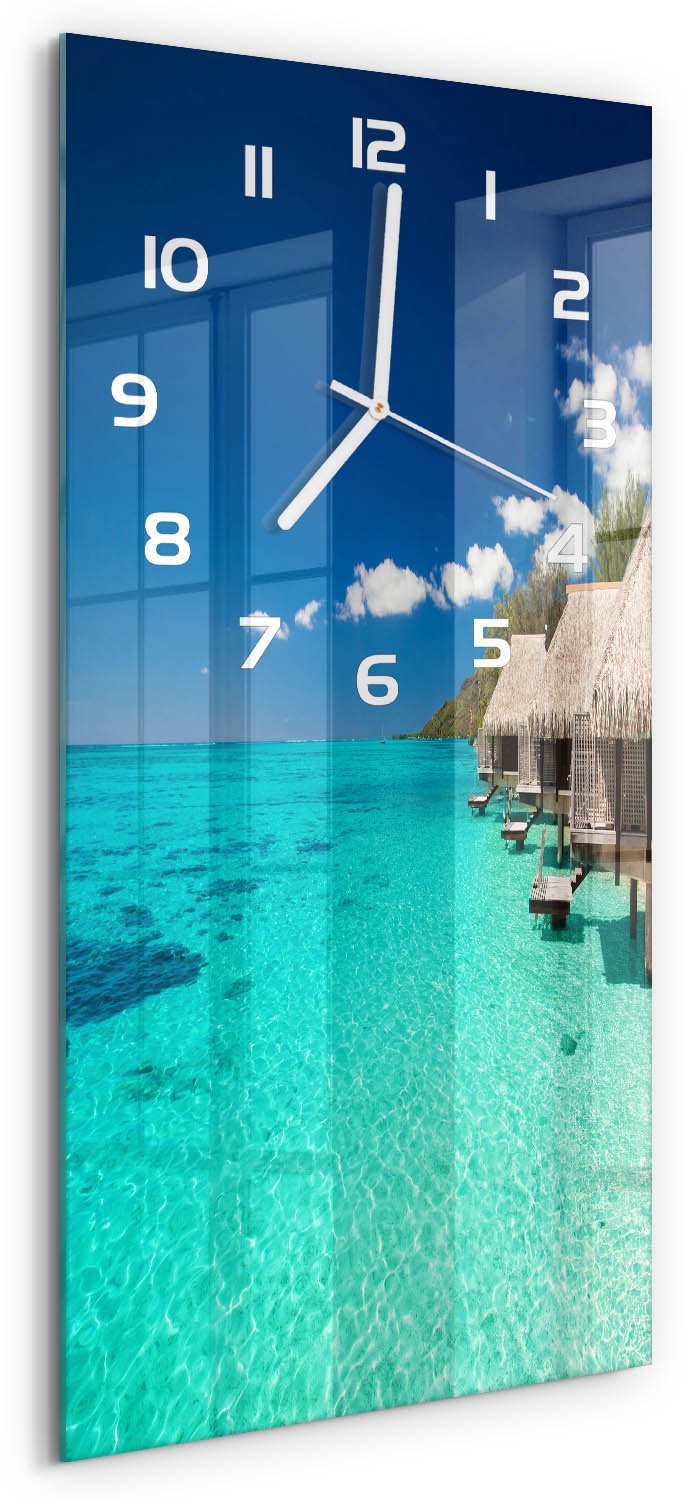 Tulup Wandklok - Tropisch eiland Decoratieve Glazen Klok - 30x60 cm - Blauw Glazen Wandklok Design - Witte handen - Rechthoekige Klok - Glazen Klok Met Print - Wandklok Glas Met Motief