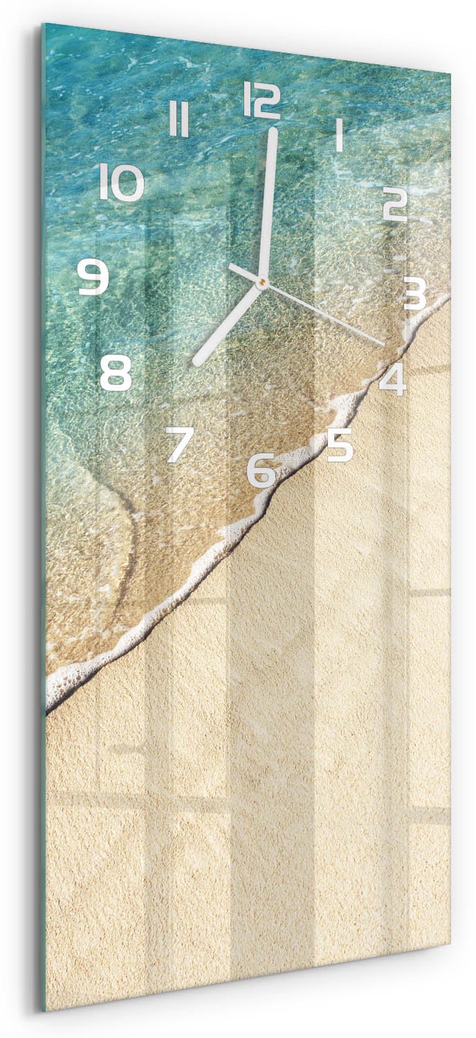 Tulup Wandklok - Golf op het strand Wandklok Glas Met Motief - 30x60 cm - Blauw Decoratieve Glazen Klok - Witte handen - Rechthoekige Klok - Gekleurde Glazen Klok - Glazen Klok Met Print