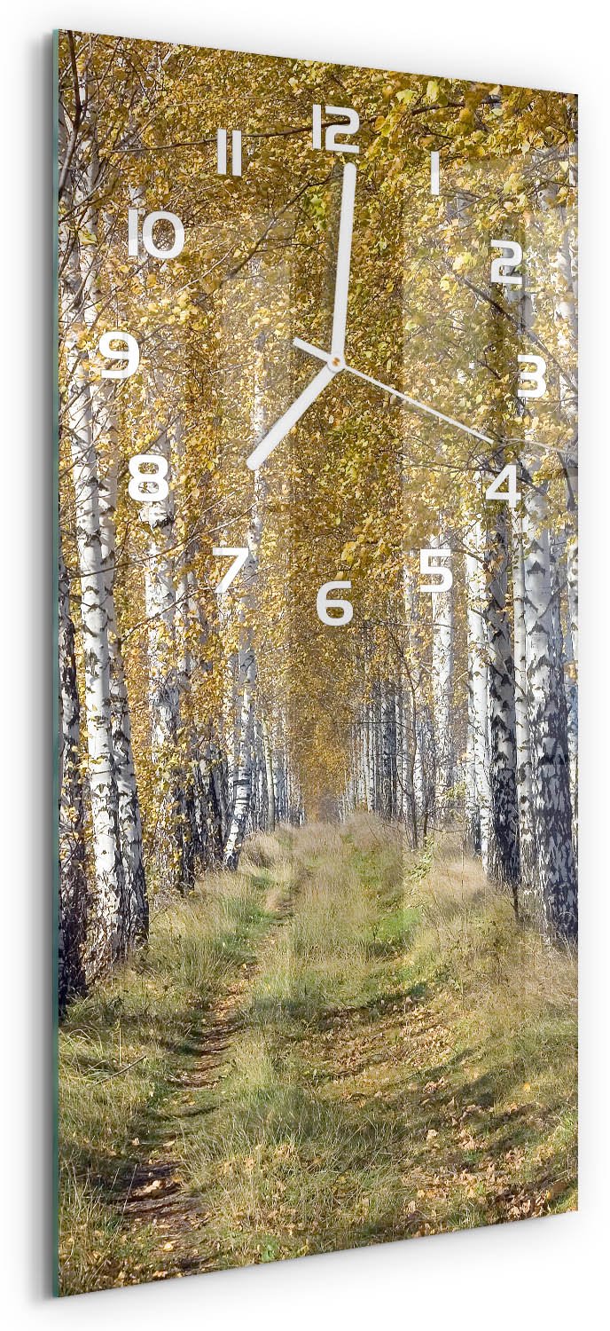 Tulup Wandklok - Berkenbos Wandklok Glas Decoratie - 30x60 cm - Geel Gekleurde Glazen Klok - Witte handen - Rechthoekige Klok - Klok Glas Met Opdruk - Moderne Wandklok Glas