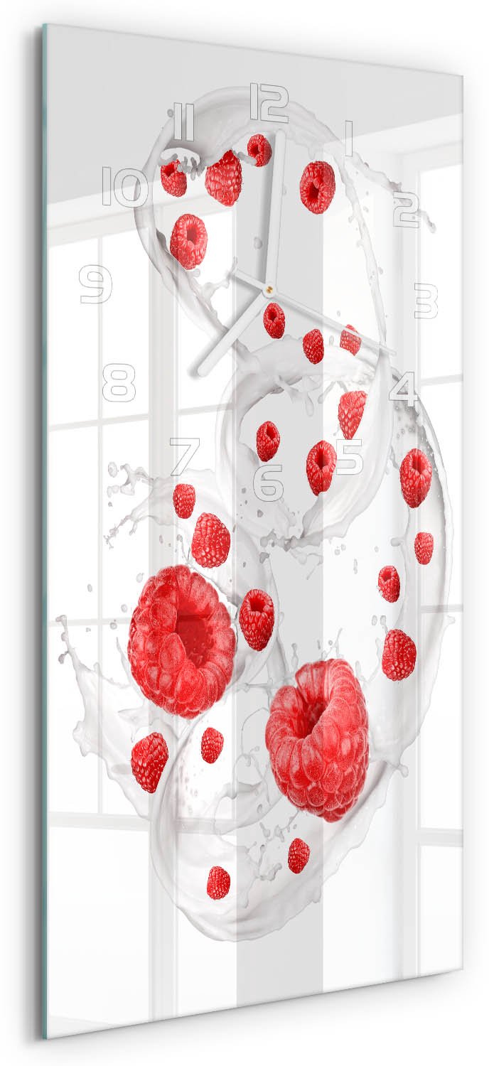 Tulup Wandklok - Frambozen met melk Decoratieve Glazen Klok - 30x60 cm - Rood Glazen Wandklok Design - Witte handen - Rechthoekige Klok - Glazen Klok Met Print - Wandklok Glas Met Motief