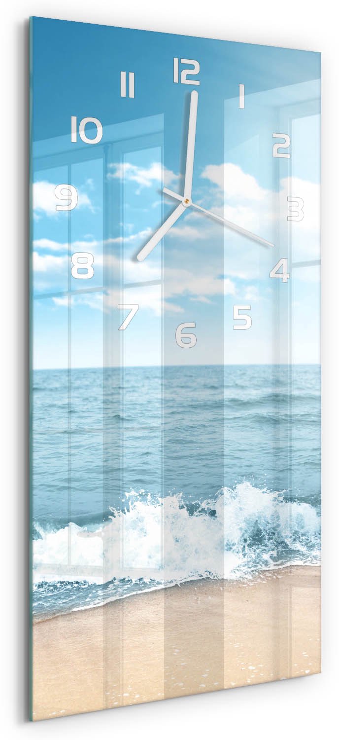 Tulup Wandklok - Strand Klok Glas Met Opdruk - 30x60 cm - Blauw Moderne Wandklok Glas - Witte handen - Rechthoekige Klok - Decoratieve Glazen Klok - Glazen Wandklok Design