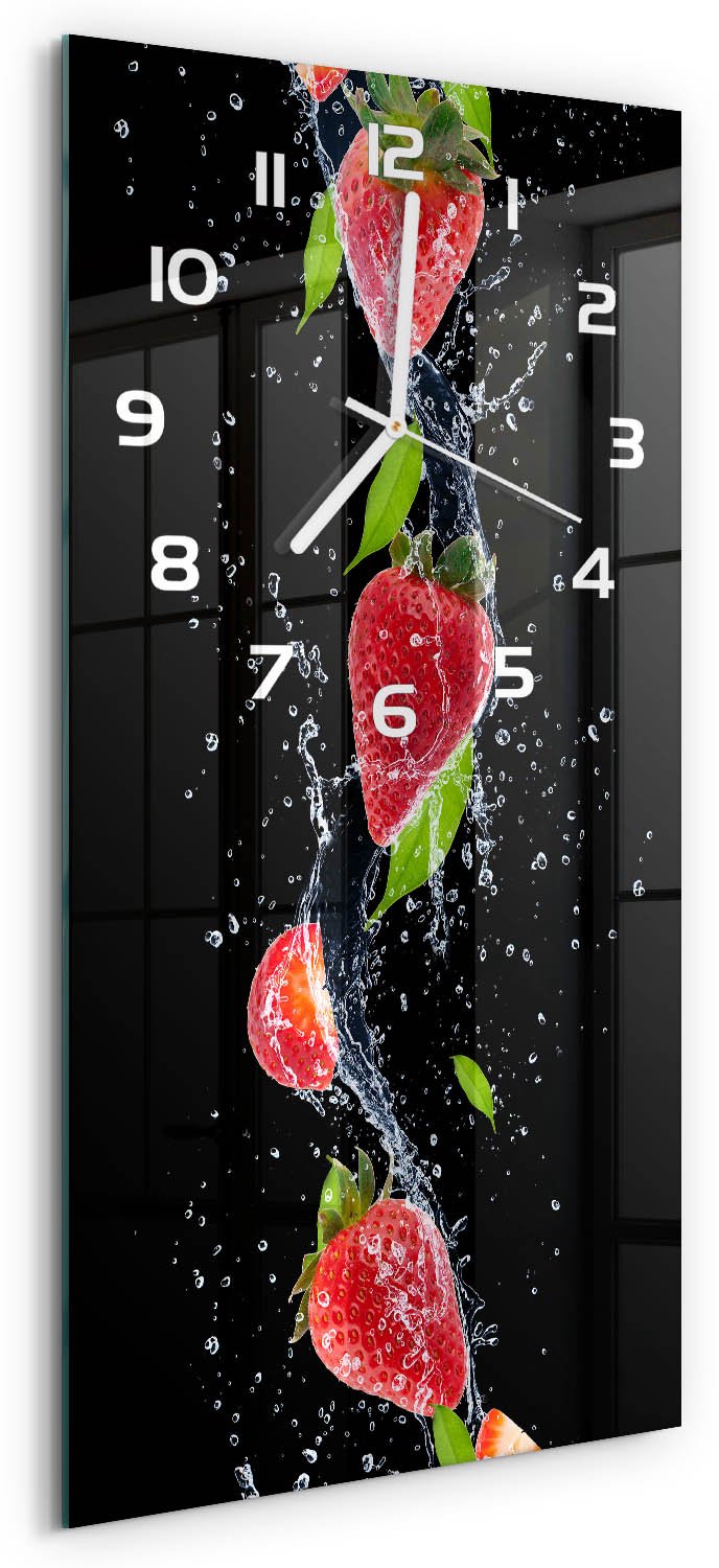 Tulup Wandklok - Aardbeien en water Decoratieve Glazen Klok - 30x60 cm - Rood Glazen Wandklok Design - Witte handen - Rechthoekige Klok - Glazen Klok Met Print - Wandklok Glas Met Motief