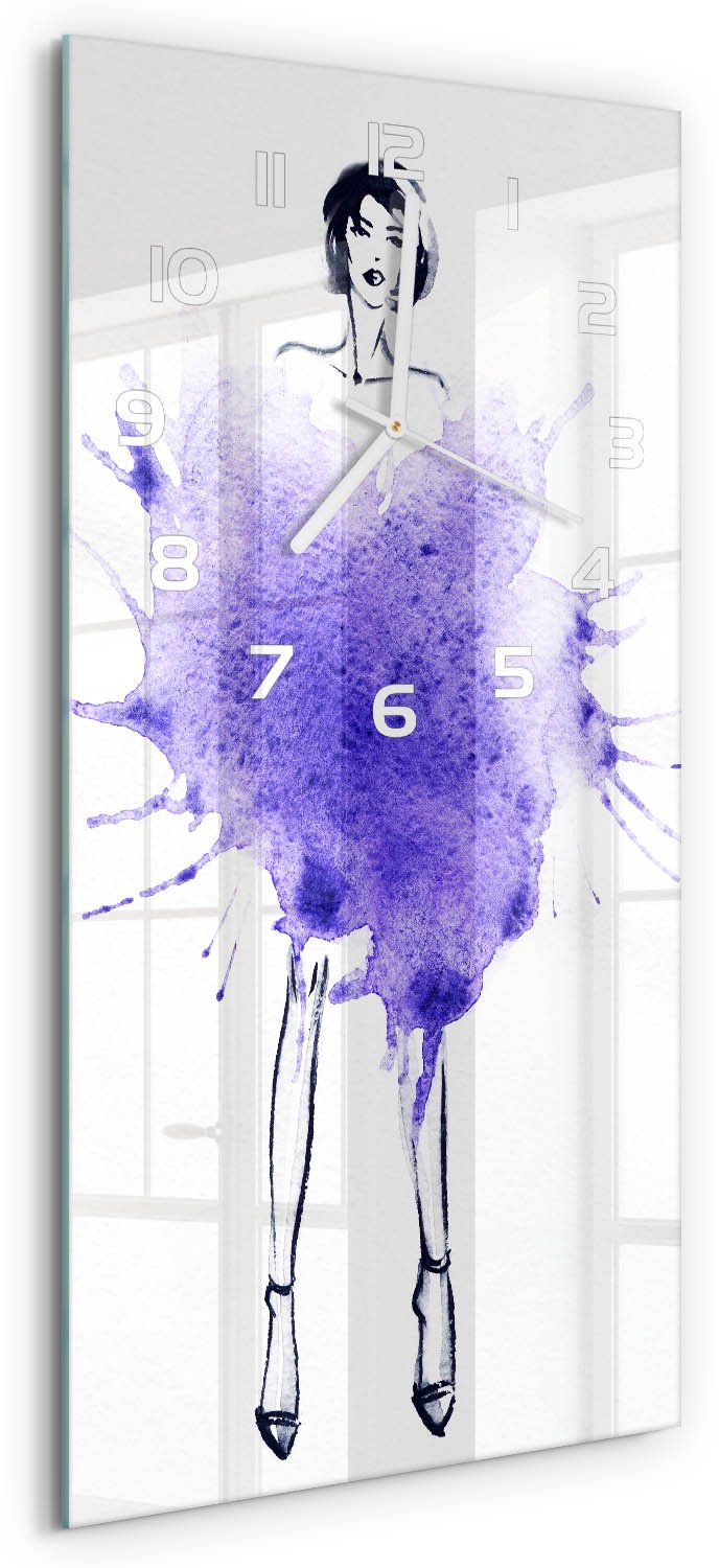Tulup Wandklok - Mode-illustratie Gekleurde Glazen Klok - 30x60 cm - Paars Glazen Klok Met Print - Witte handen - Rechthoekige Klok - Moderne Wandklok Glas - Wandklok Glas Decoratie