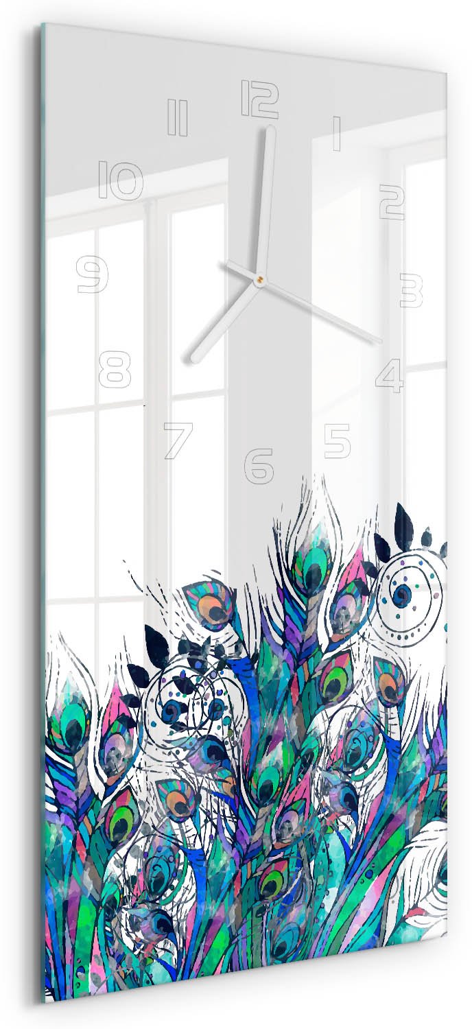 Tulup Wandklok - Pauwenveren Decoratieve Glazen Klok - 30x60 cm - Veelkleurig Glazen Wandklok Design - Witte handen - Rechthoekige Klok - Glazen Klok Met Print - Wandklok Glas Met Motief
