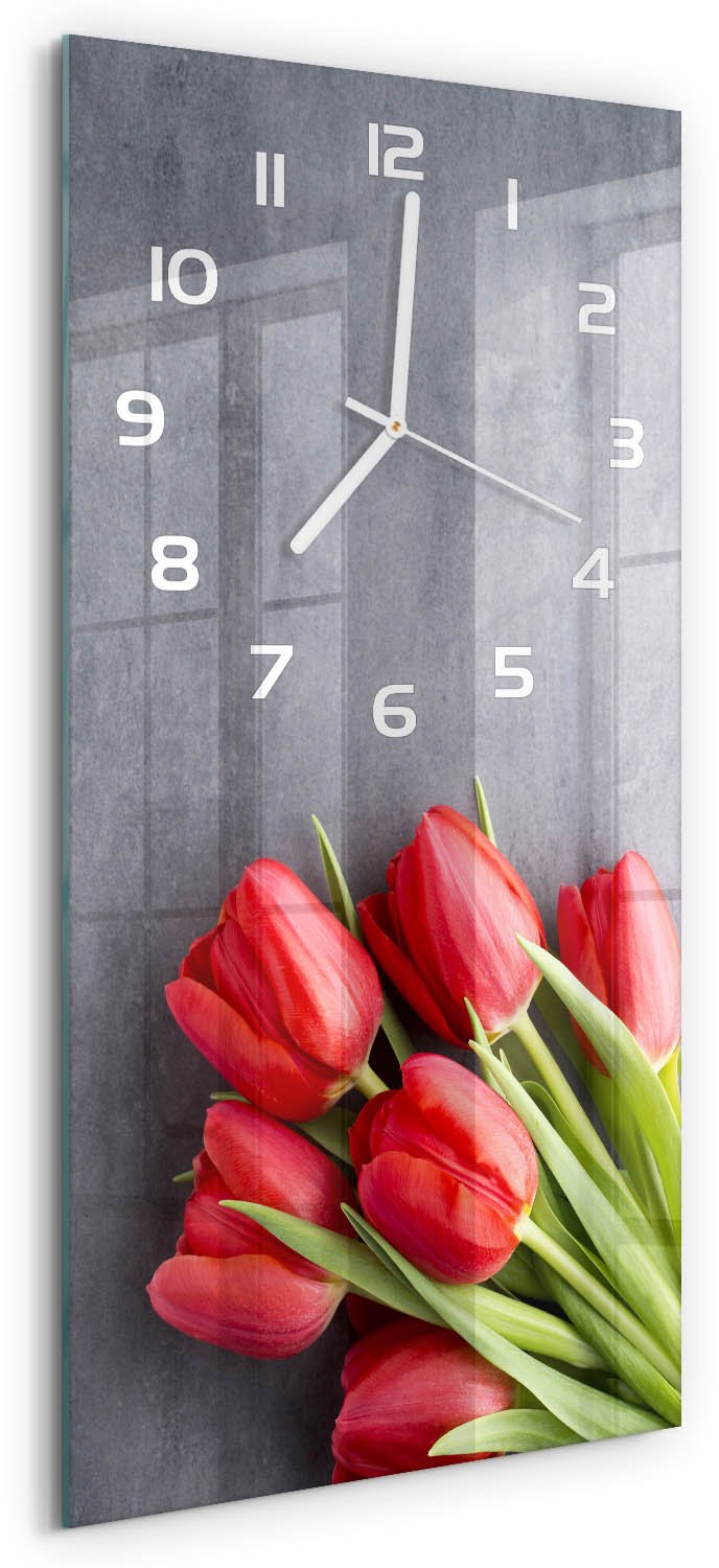 Tulup Wandklok - Rode tulpen Glazen Klok Met Print - 30x60 cm - Rood Wandklok Glas Met Motief - Witte handen - Rechthoekige Klok - Wandklok Glas Decoratie - Gekleurde Glazen Klok