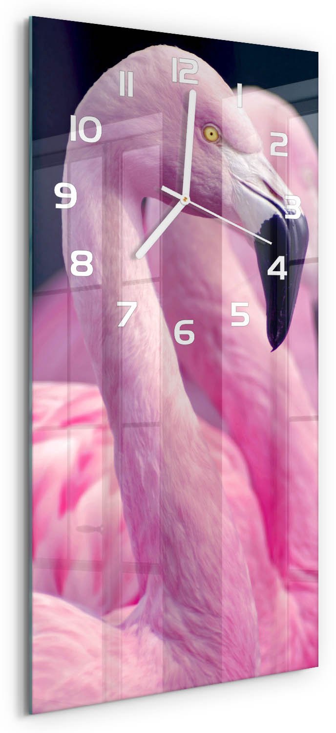 Tulup Wandklok - Flamingo's Decoratieve Glazen Klok - 30x60 cm - Roze Glazen Wandklok Design - Witte handen - Rechthoekige Klok - Glazen Klok Met Print - Wandklok Glas Met Motief