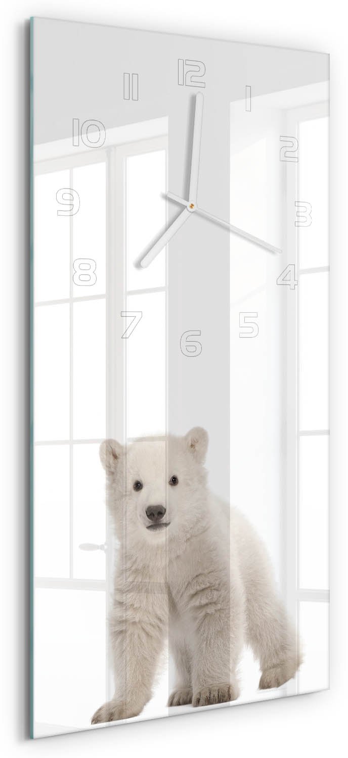 Tulup Wandklok - Ijsbeer Moderne Wandklok Glas - 30x60 cm - Wit Wandklok Glas Decoratie - Witte handen - Rechthoekige Klok - Glazen Wandklok Design - Klok Glas Met Opdruk