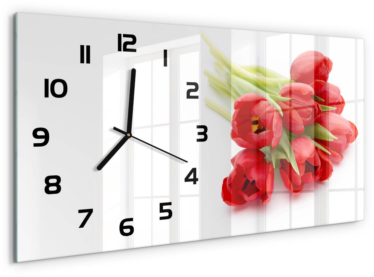 TULUP Wandklok - Rode tulpen Glazen Wandklok Design - 60x30 cm - Rood Klok Glas Met Opdruk - Zwarte handen - Rechthoekige Klok - Wandklok Glas Met Motief - Decoratieve Glazen Klok