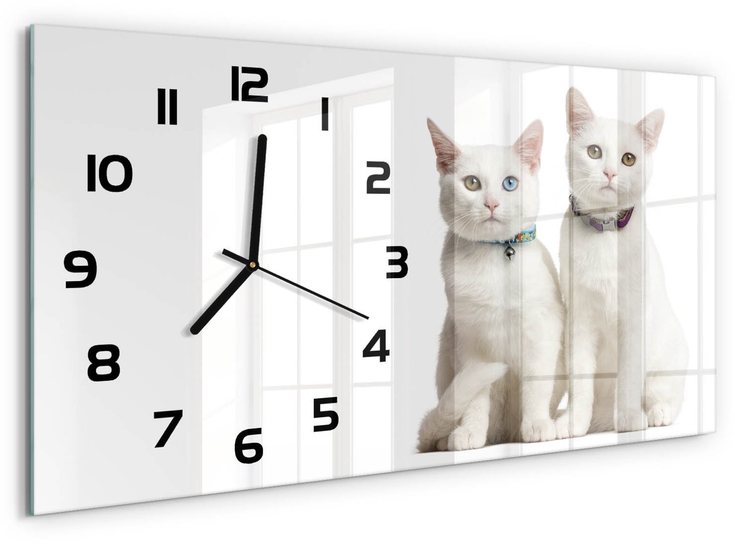TULUP Wandklok - Witte katten Glazen Klok Met Print - 60x30 cm - Wit Wandklok Glas Met Motief - Zwarte handen - Rechthoekige Klok - Wandklok Glas Decoratie - Gekleurde Glazen Klok