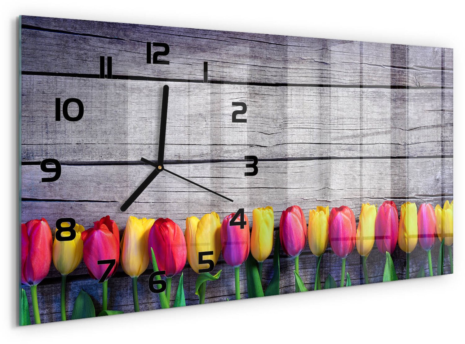 TULUP Wandklok - Tulpen op hout Decoratieve Glazen Klok - 60x30 cm - Veelkleurig Glazen Wandklok Design - Zwarte handen - Rechthoekige Klok - Glazen Klok Met Print - Wandklok Glas Met Motief
