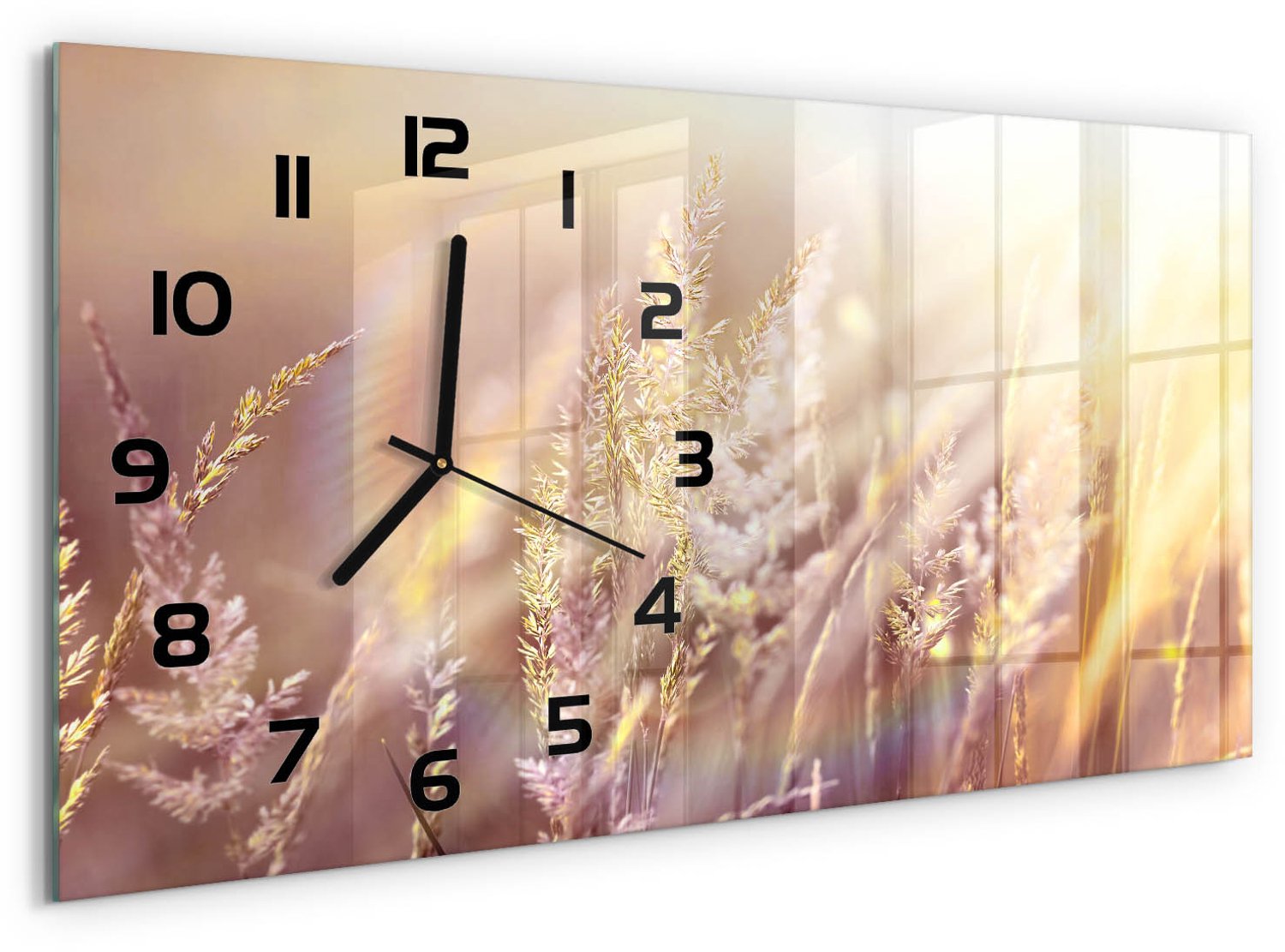 TULUP Wandklok - Hoog gras Wandklok Glas Decoratie - 60x30 cm - Beige Gekleurde Glazen Klok - Zwarte handen - Rechthoekige Klok - Klok Glas Met Opdruk - Moderne Wandklok Glas