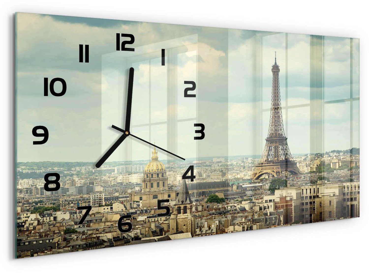 TULUP Wandklok - Eiffeltoren Parijs Glazen Wandklok Design - 60x30 cm - Beige Klok Glas Met Opdruk - Zwarte handen - Rechthoekige Klok - Wandklok Glas Met Motief - Decoratieve Glazen Klok