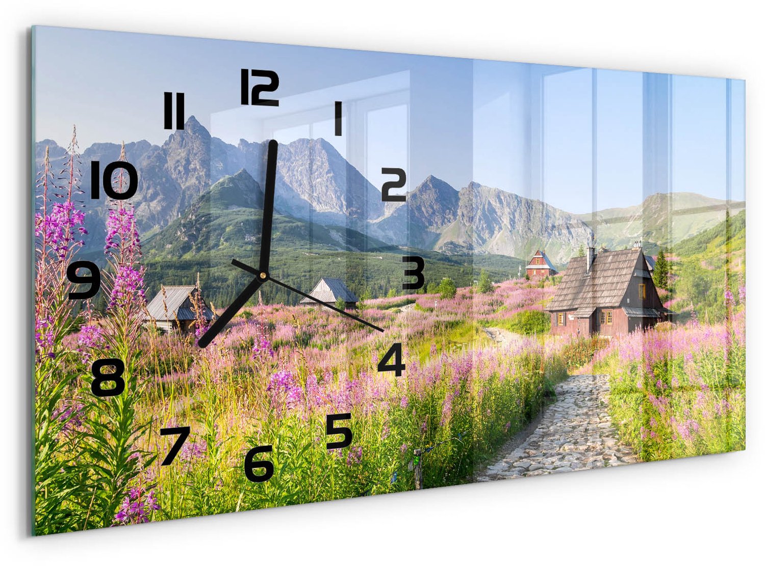 TULUP Wandklok - Huisjes in de bergen Klok Glas Met Opdruk - 60x30 cm - Veelkleurig Moderne Wandklok Glas - Zwarte handen - Rechthoekige Klok - Decoratieve Glazen Klok - Glazen Wandklok Design