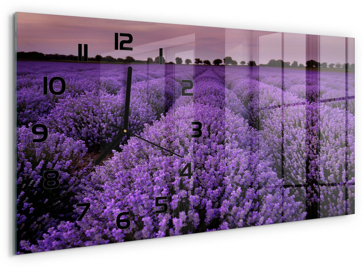 TULUP Wandklok - Lavendelveld Wandklok Glas Met Motief - 60x30 cm - Paars Decoratieve Glazen Klok - Zwarte handen - Rechthoekige Klok - Gekleurde Glazen Klok - Glazen Klok Met Print