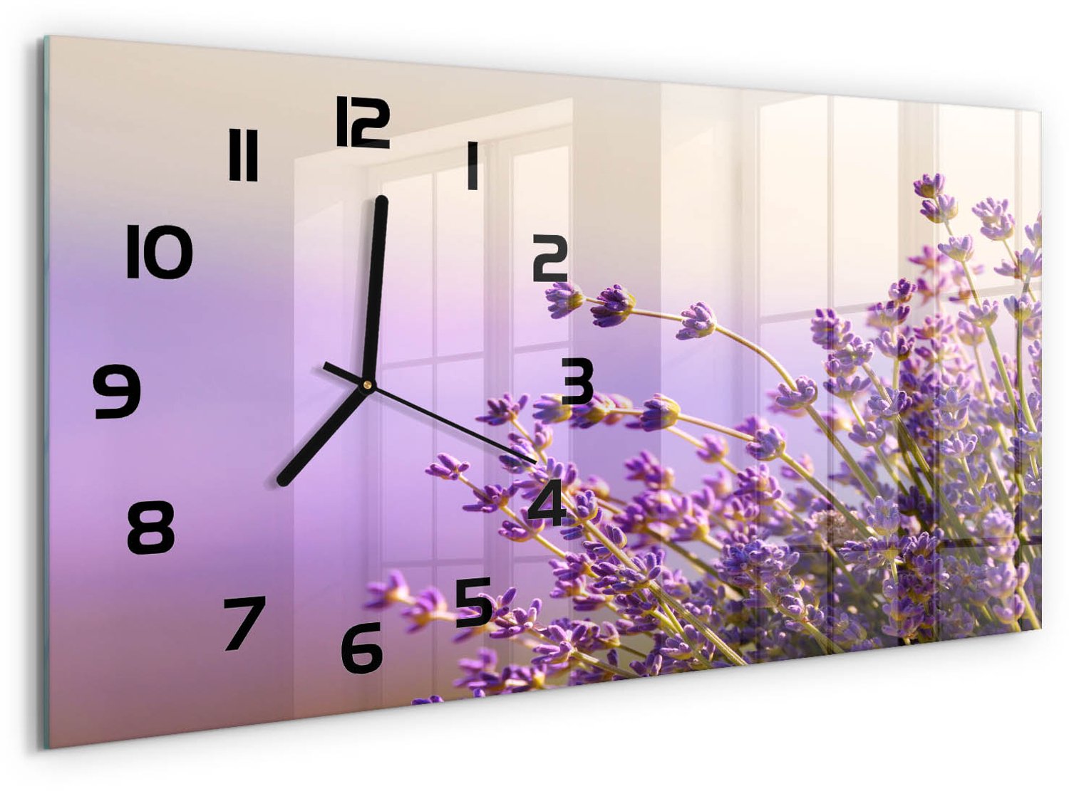 TULUP Wandklok - Lavendel Decoratieve Glazen Klok - 60x30 cm - Paars Glazen Wandklok Design - Zwarte handen - Rechthoekige Klok - Glazen Klok Met Print - Wandklok Glas Met Motief