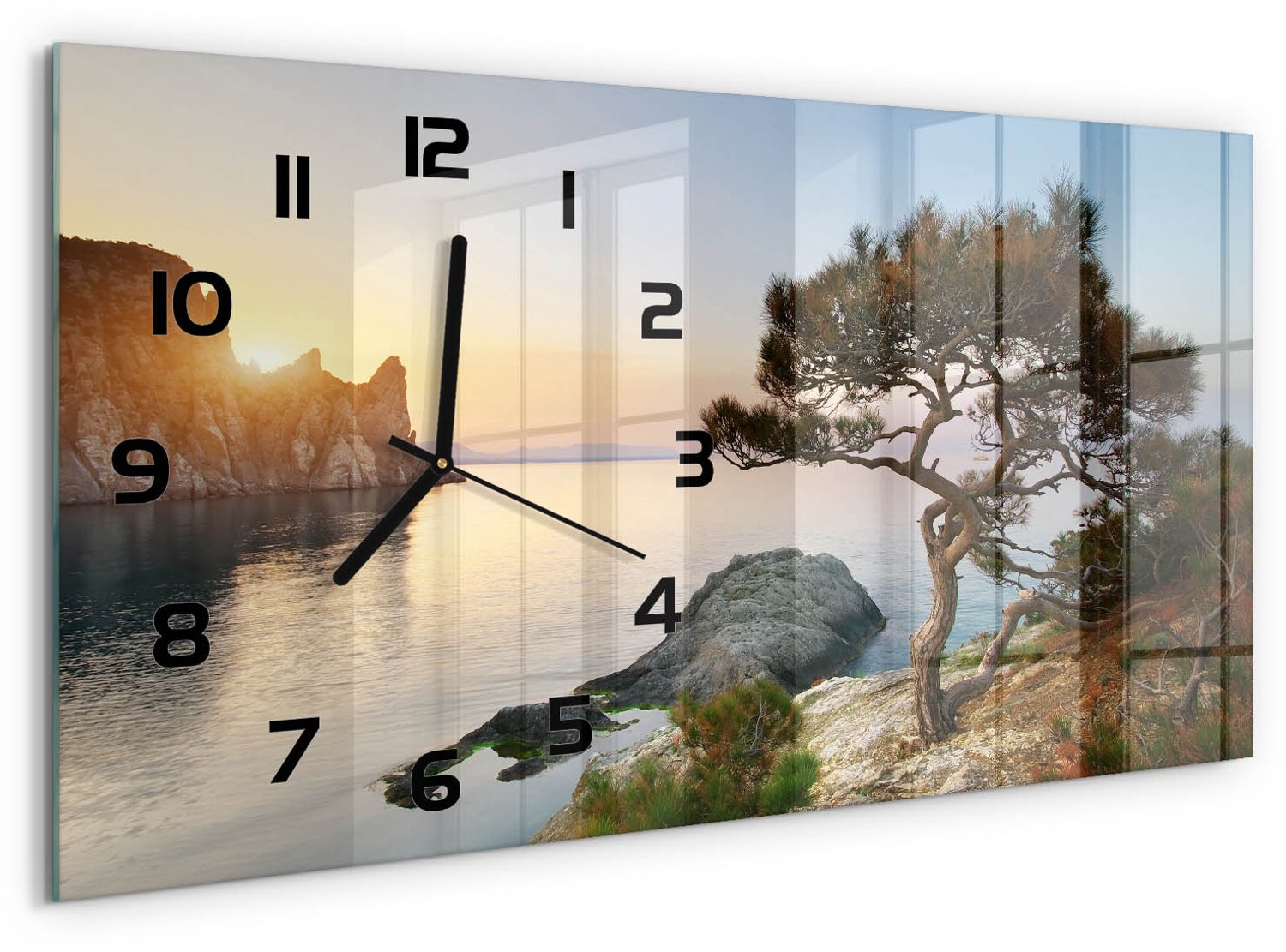 TULUP Wandklok - Boom aan zee Glazen Klok Met Print - 60x30 cm - Groente Wandklok Glas Met Motief - Zwarte handen - Rechthoekige Klok - Wandklok Glas Decoratie - Gekleurde Glazen Klok