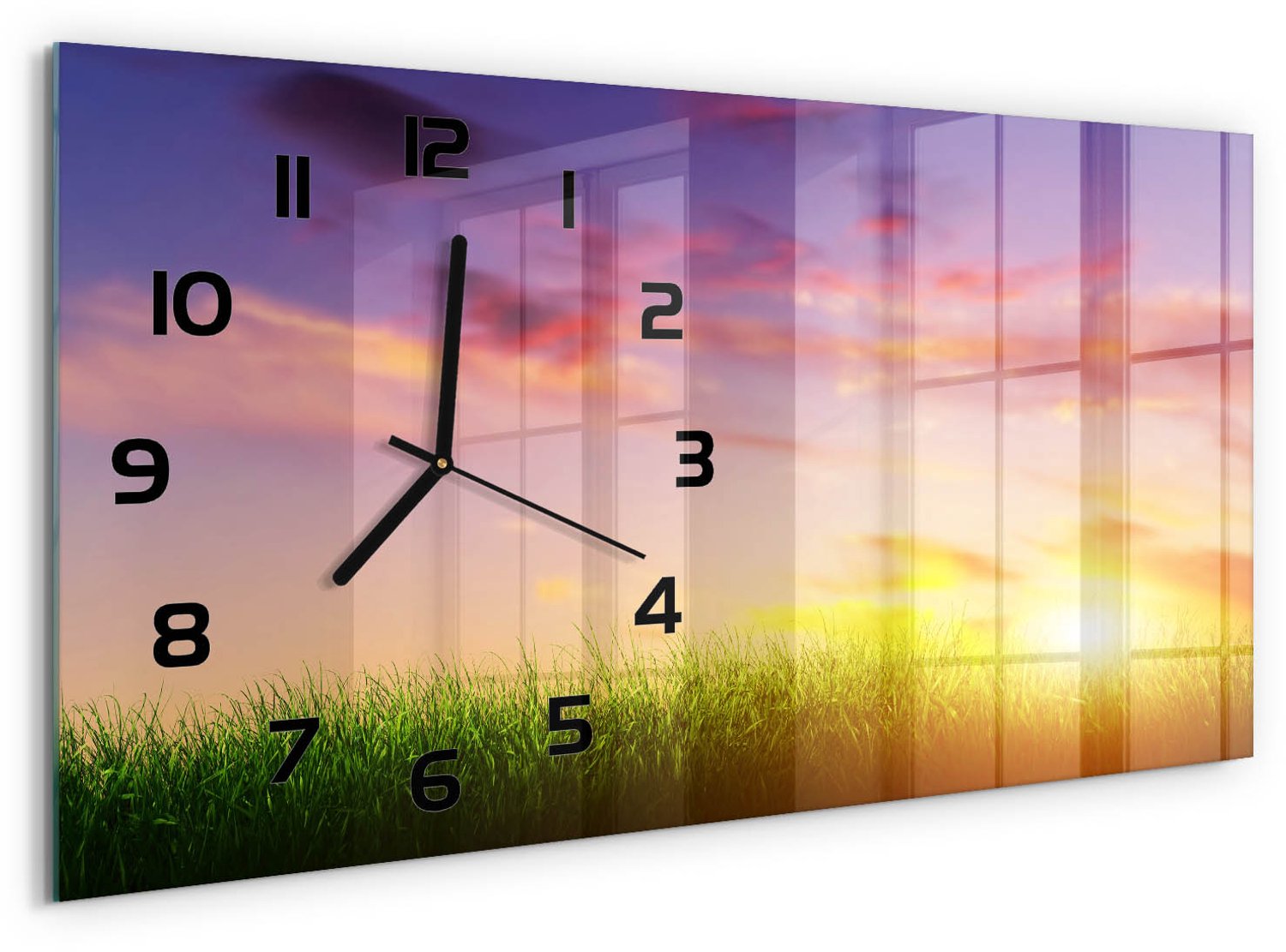 TULUP Wandklok - Zonsondergang Moderne Wandklok Glas - 60x30 cm - Veelkleurig Wandklok Glas Decoratie - Zwarte handen - Rechthoekige Klok - Glazen Wandklok Design - Klok Glas Met Opdruk