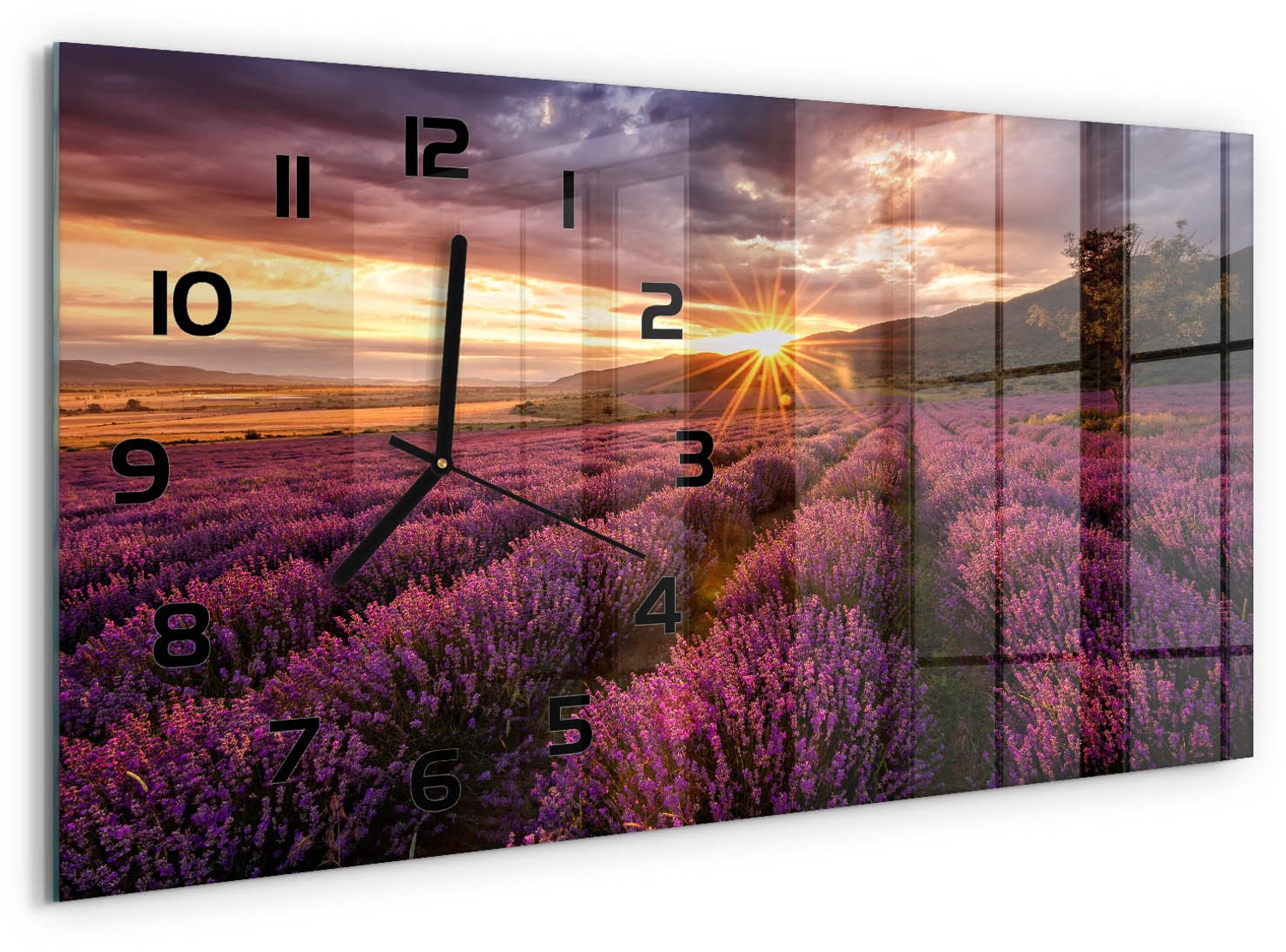 TULUP Wandklok - Lavendelveld Moderne Wandklok Glas - 60x30 cm - Paars Wandklok Glas Decoratie - Zwarte handen - Rechthoekige Klok - Glazen Wandklok Design - Klok Glas Met Opdruk