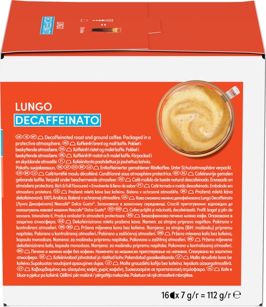 Bovenaanzicht van de doos met Lungo Decaffeinato cup en een kopje vers gezette lungo.