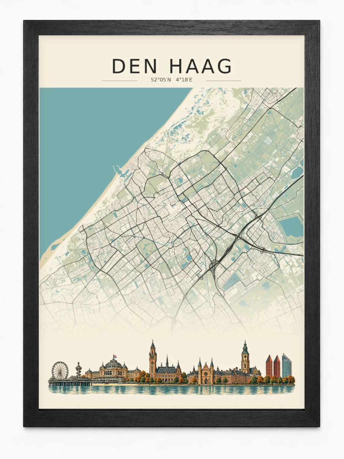 Den Haag Stadskaart Poster | Vintage Kaart met Skyline | Inclusief Zwarte A3 Lijst