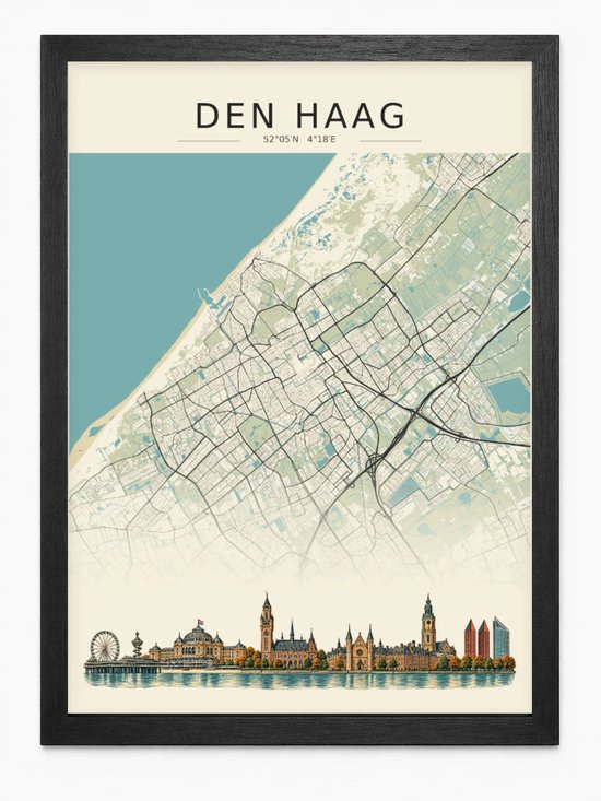 Affiche détaillé vintage de 'Den Haag' avec carte de la ville et skyline.