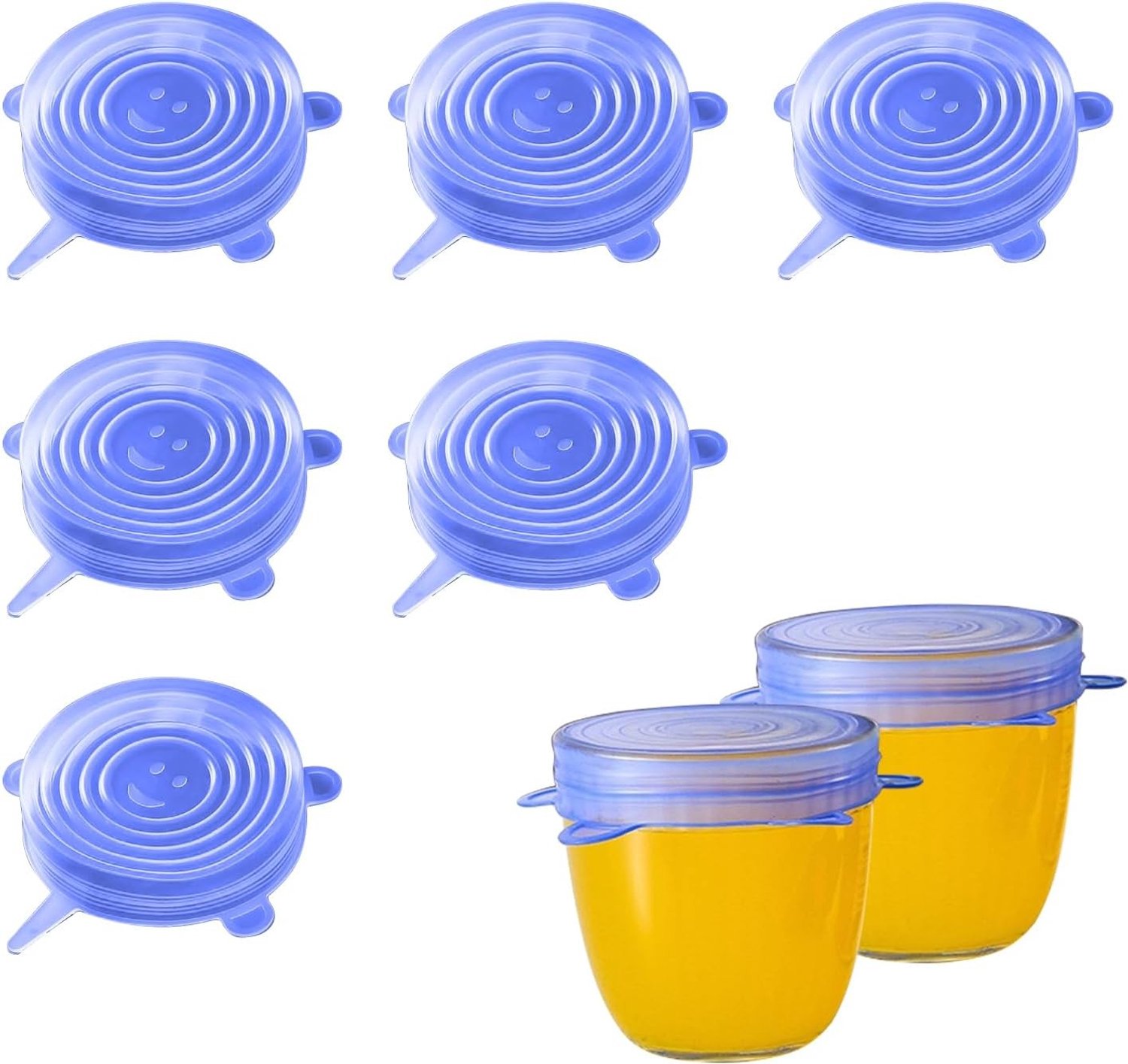 6-delige blauwe ronde rekbare voedselveilige siliconen deksels, herbruikbaar en universeel, BPA-vrij, geschikt voor magnetron, oven en vaatwasser