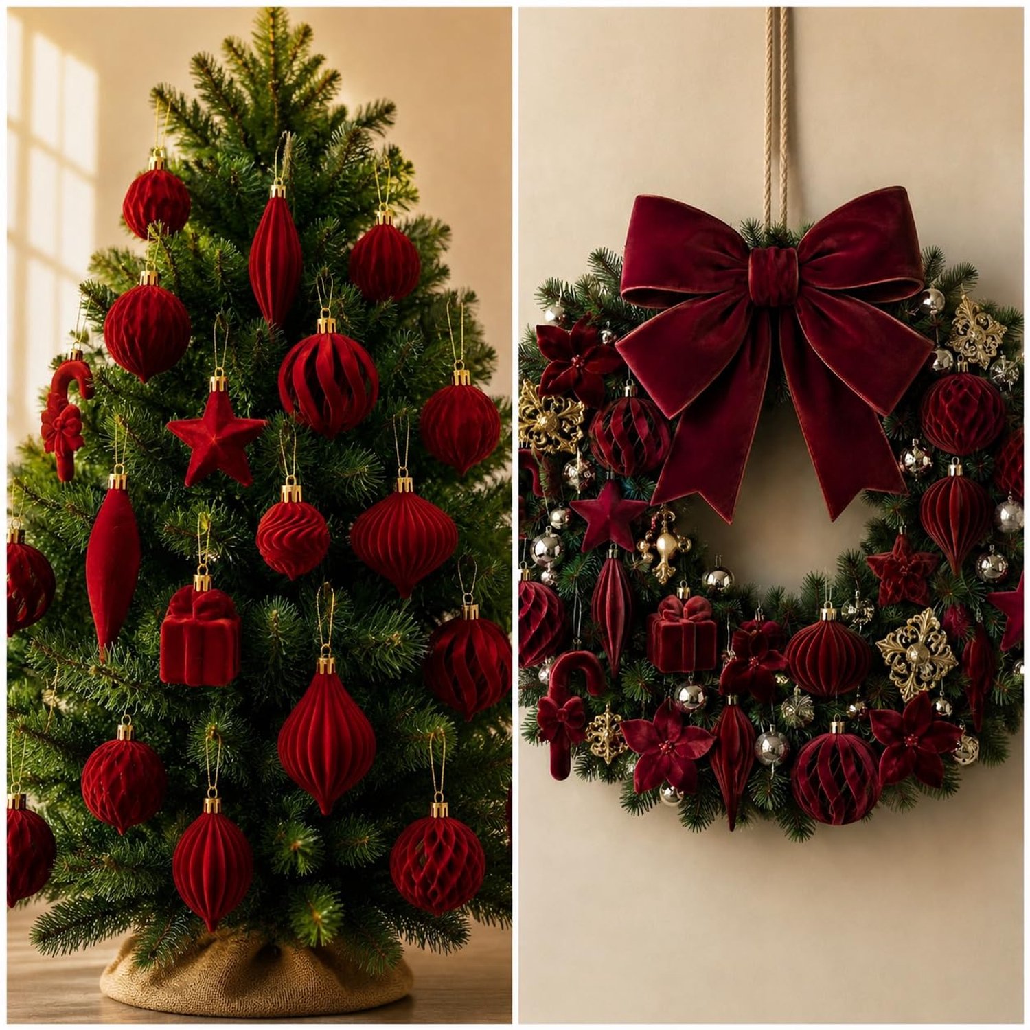 Kerstboomversiering - Kerstornamenten - Fluwelen Kerstballen - Kersthangers Set - Kerstboom Woonkamer - 28 Stuks 15 Vormen - Bordeauxrood – foto 4